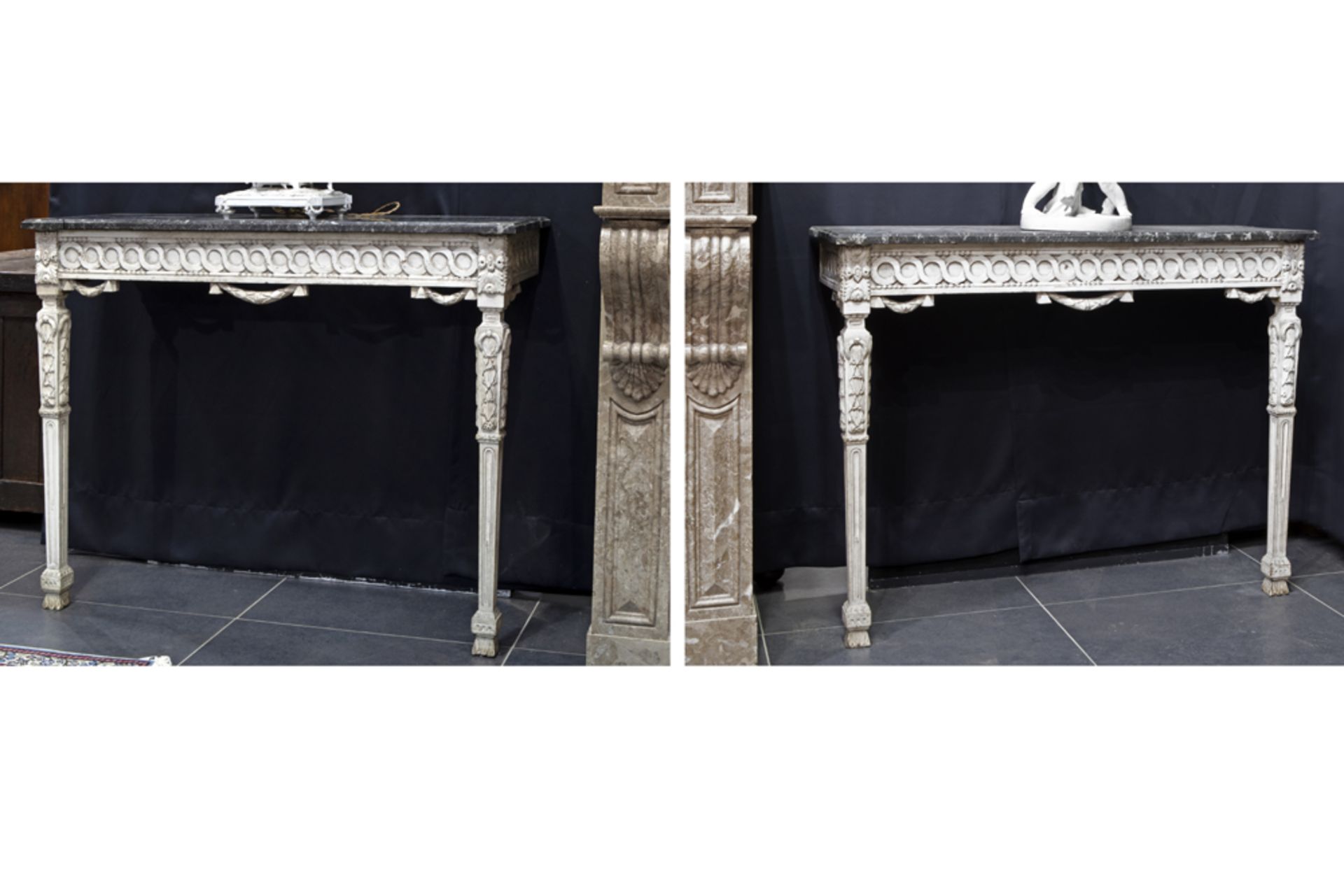 pair of antique neoclassical consoles in painted and sculpted wood, each with a marble top || Paar