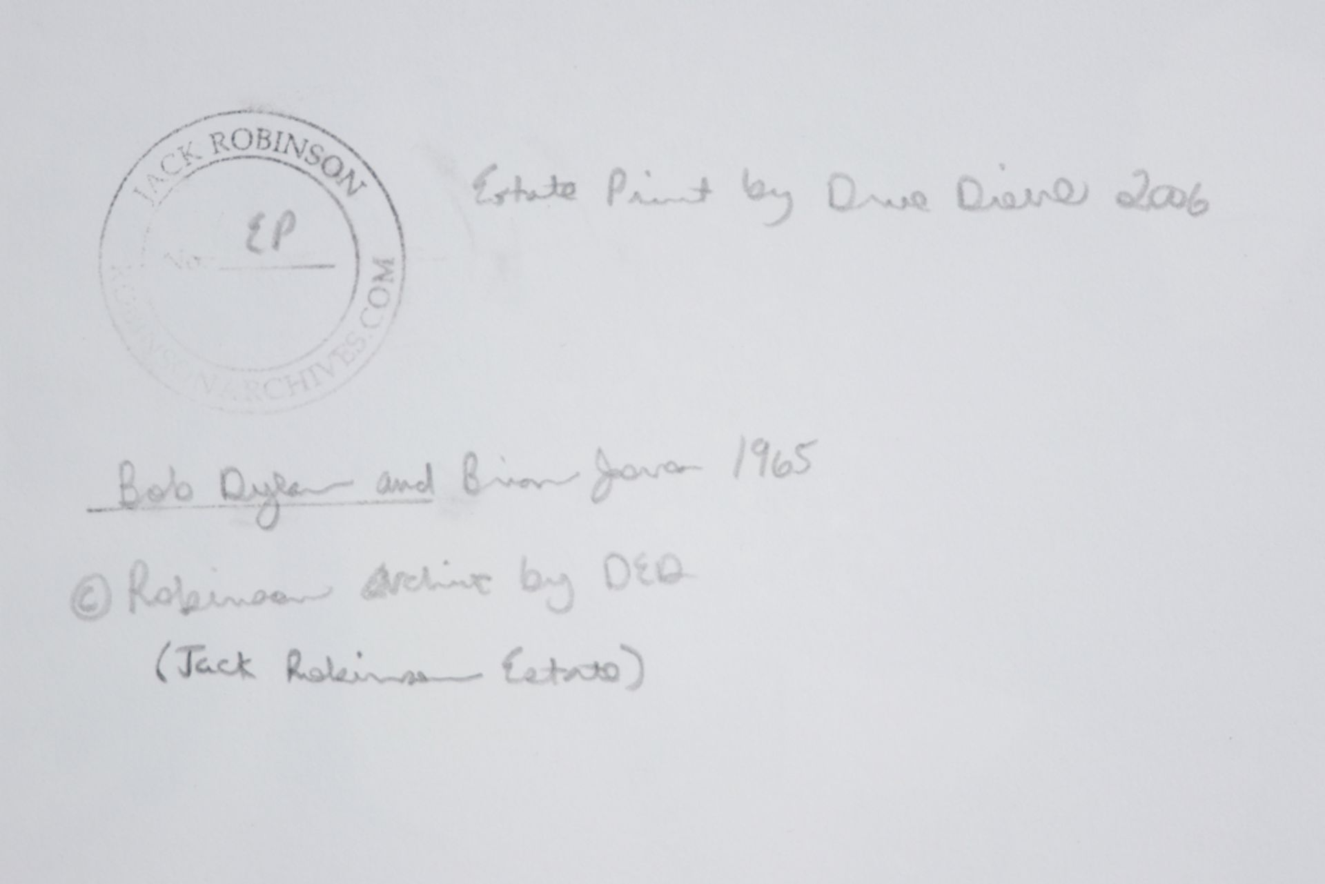 Jack Robinson signed estate print with a portrait of Bob Dylan (dd November 1965) || ROBINSON - Image 2 of 3