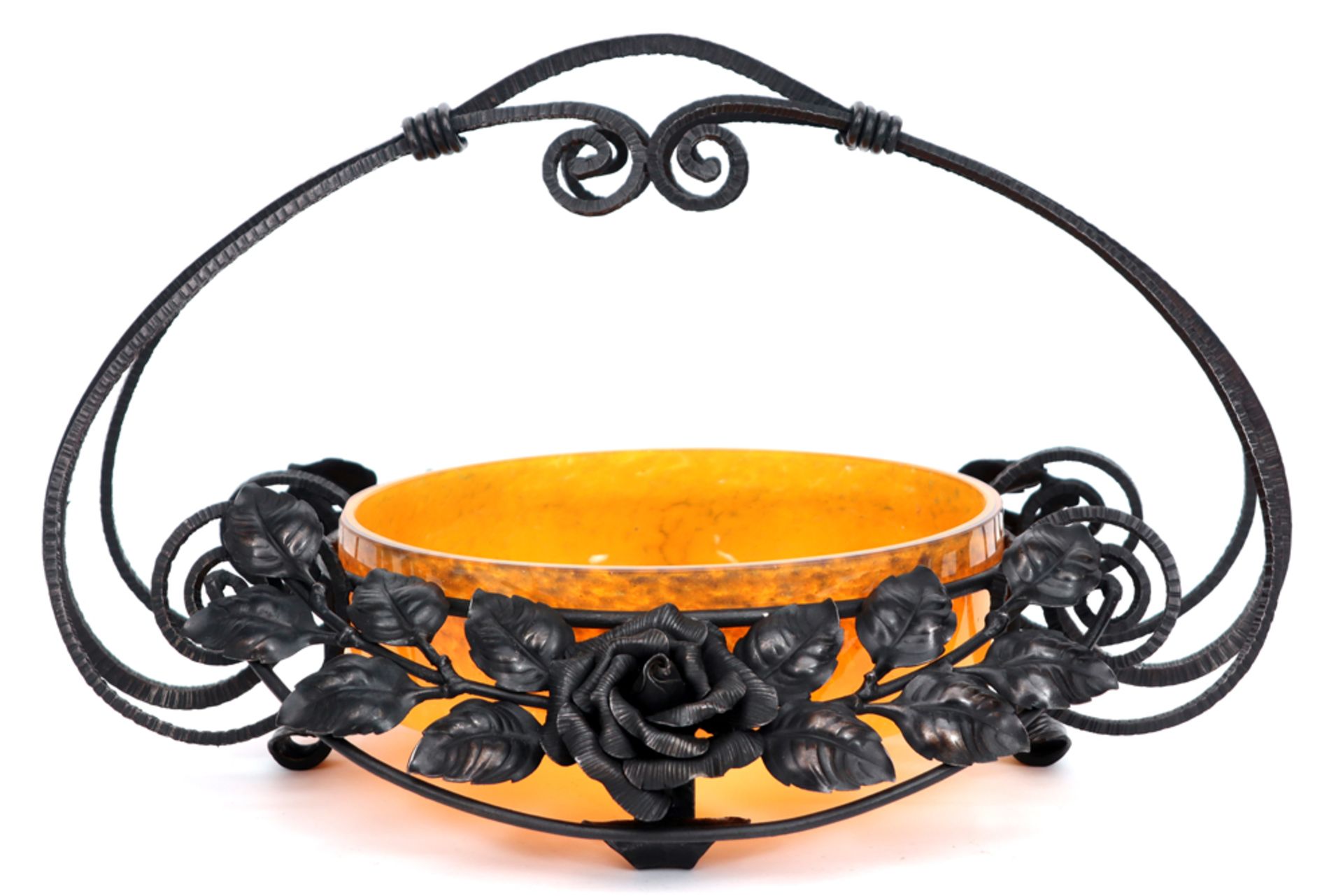 round French Art Deco fruitbowl in pâte de verre and wrought iron || Ronde Franse Art Deco-