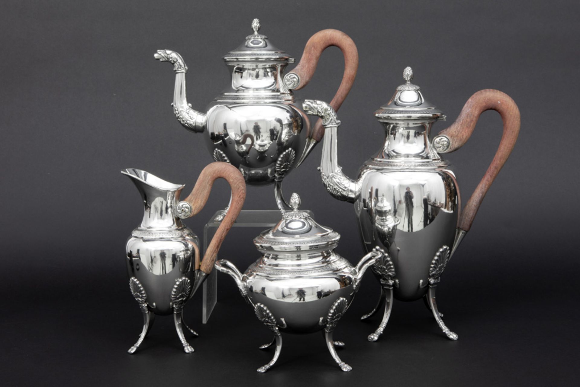 4pc Empire style coffee and teaset in marked silver || Vierdelig koffie- en theestel met Empire-