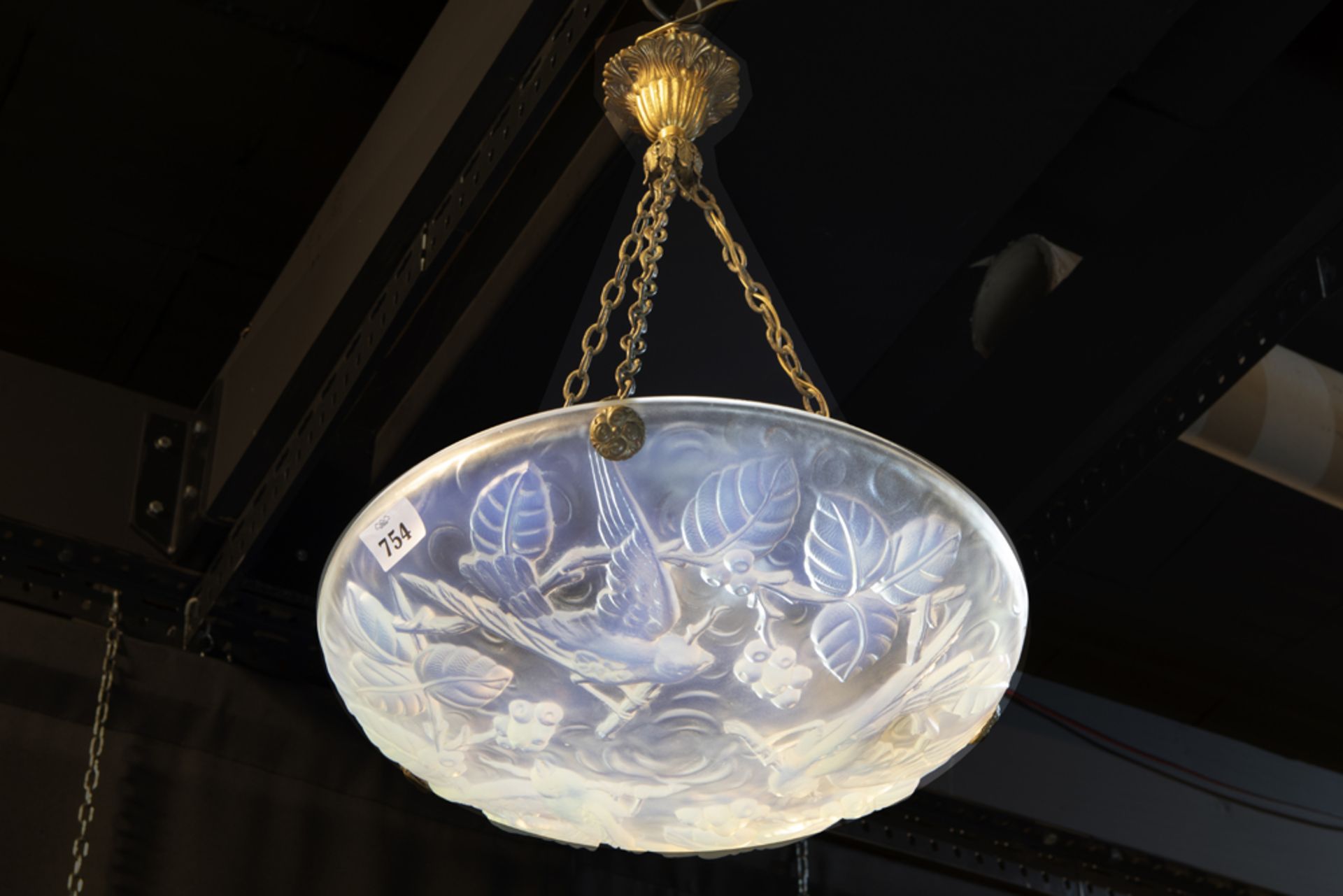 'Corella - France' signed Art Deco chandelier with a shade in opalescent glass with a decor of birds