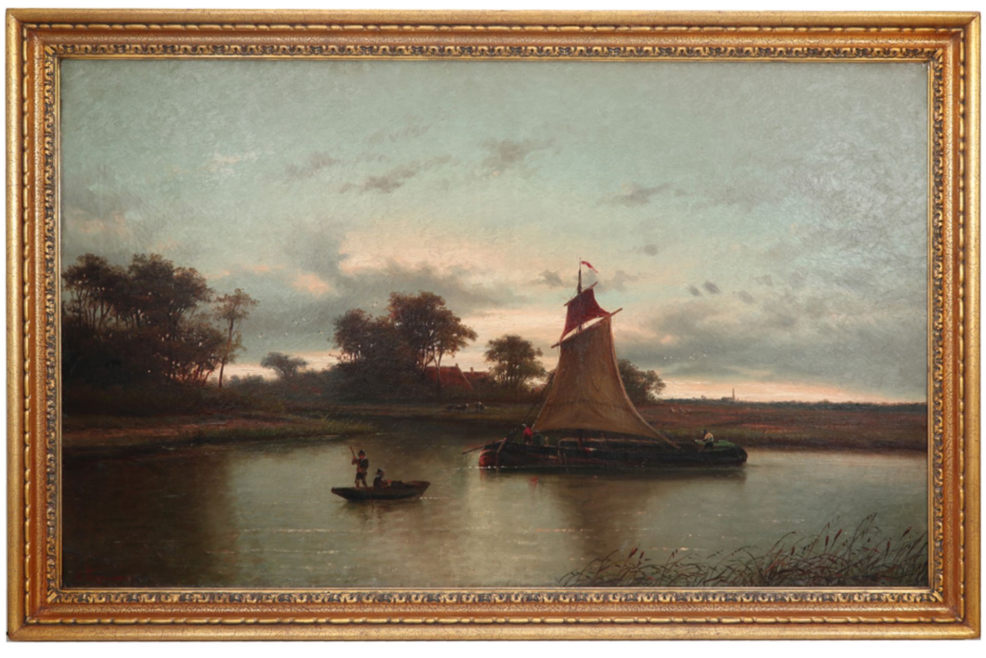 19th Cent. Belgian oil on canvas with view on the river during sunset - signed || TIMMERMANS LOUIS- - Image 3 of 4