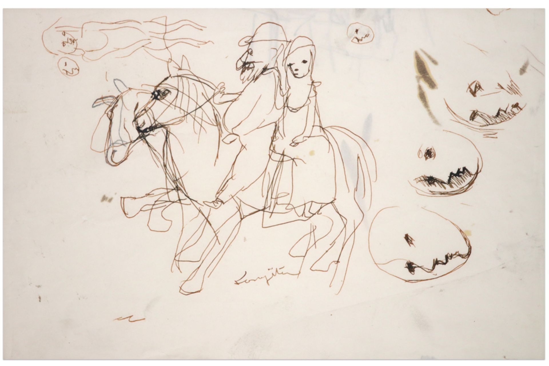 Leonard Tsuguharu Foujita ink drawing with sketches of a figure on a horse and some faces prov :