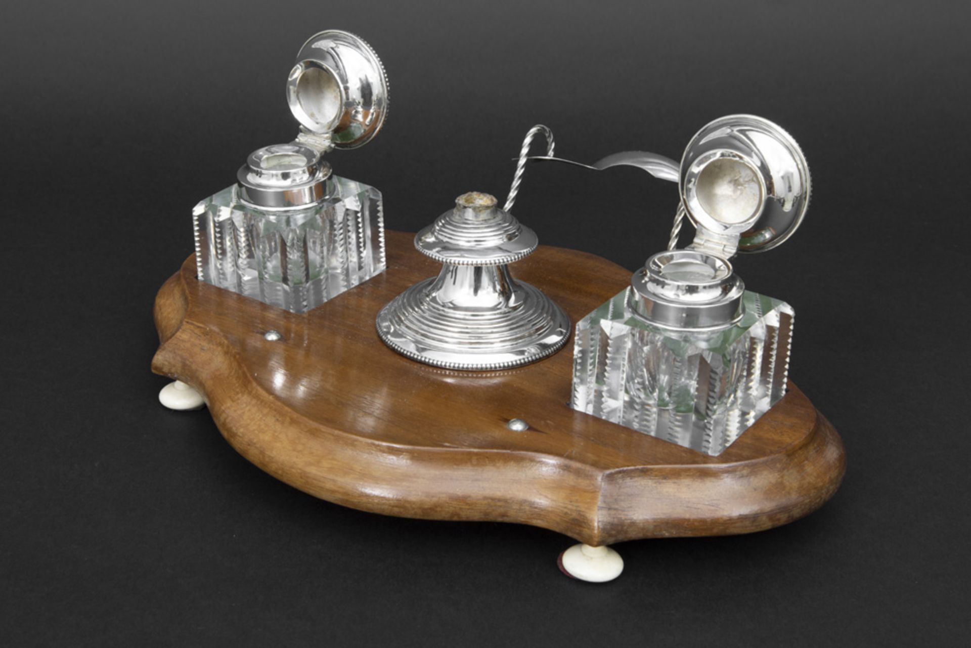 antique English ink-stand in crystal, marked silver and mahogany || Antiek inktstel in kristal en - Bild 2 aus 4