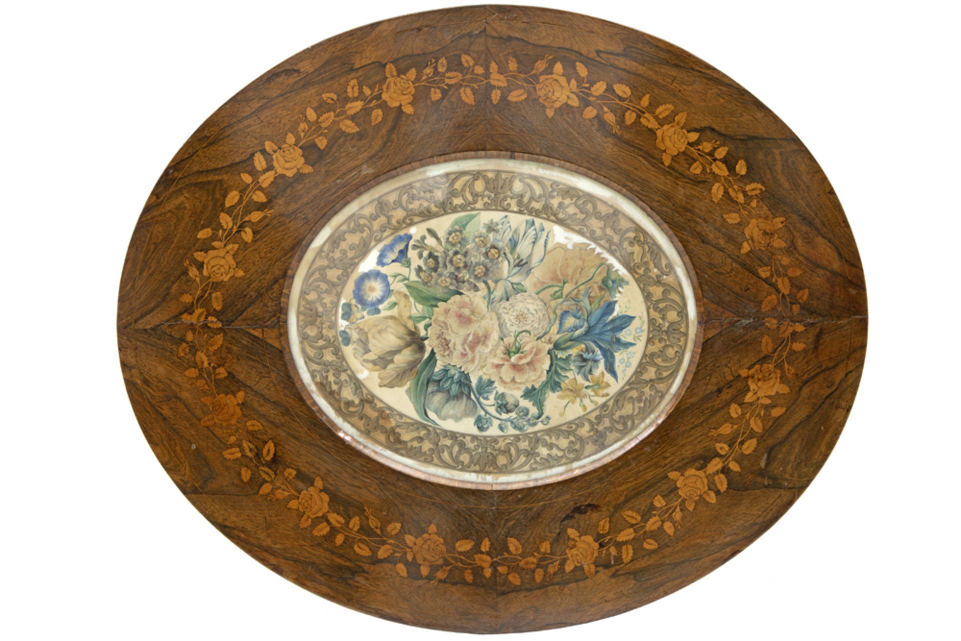 early 19th Cent. French Charles X period neoclassical table in marquetry with an oval top with a - Image 2 of 3