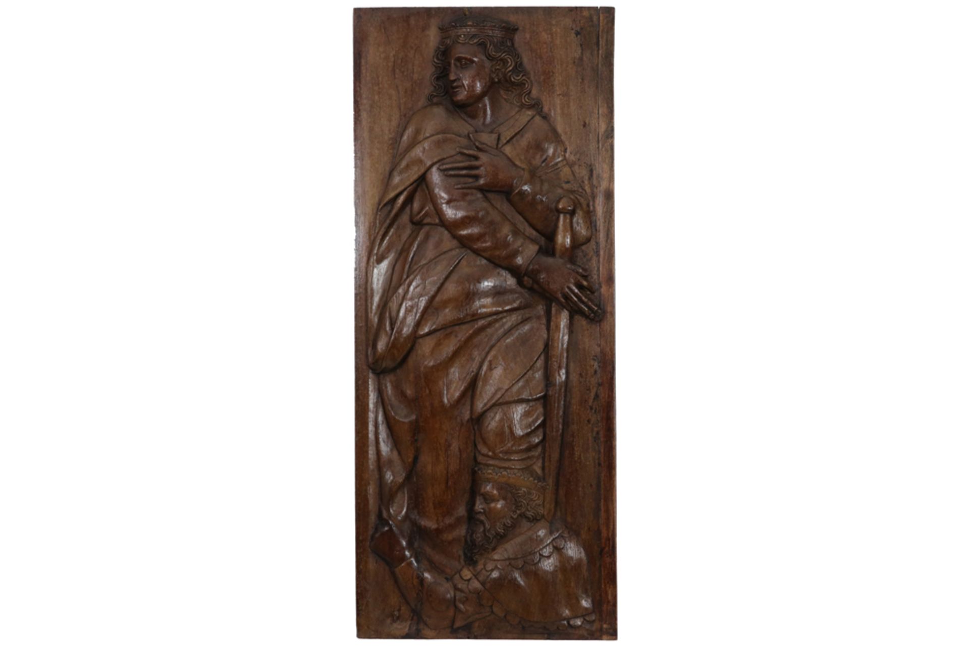 18th Cent. European bas relief panel in wood with the depiciton of Saint Catharina and Emperor