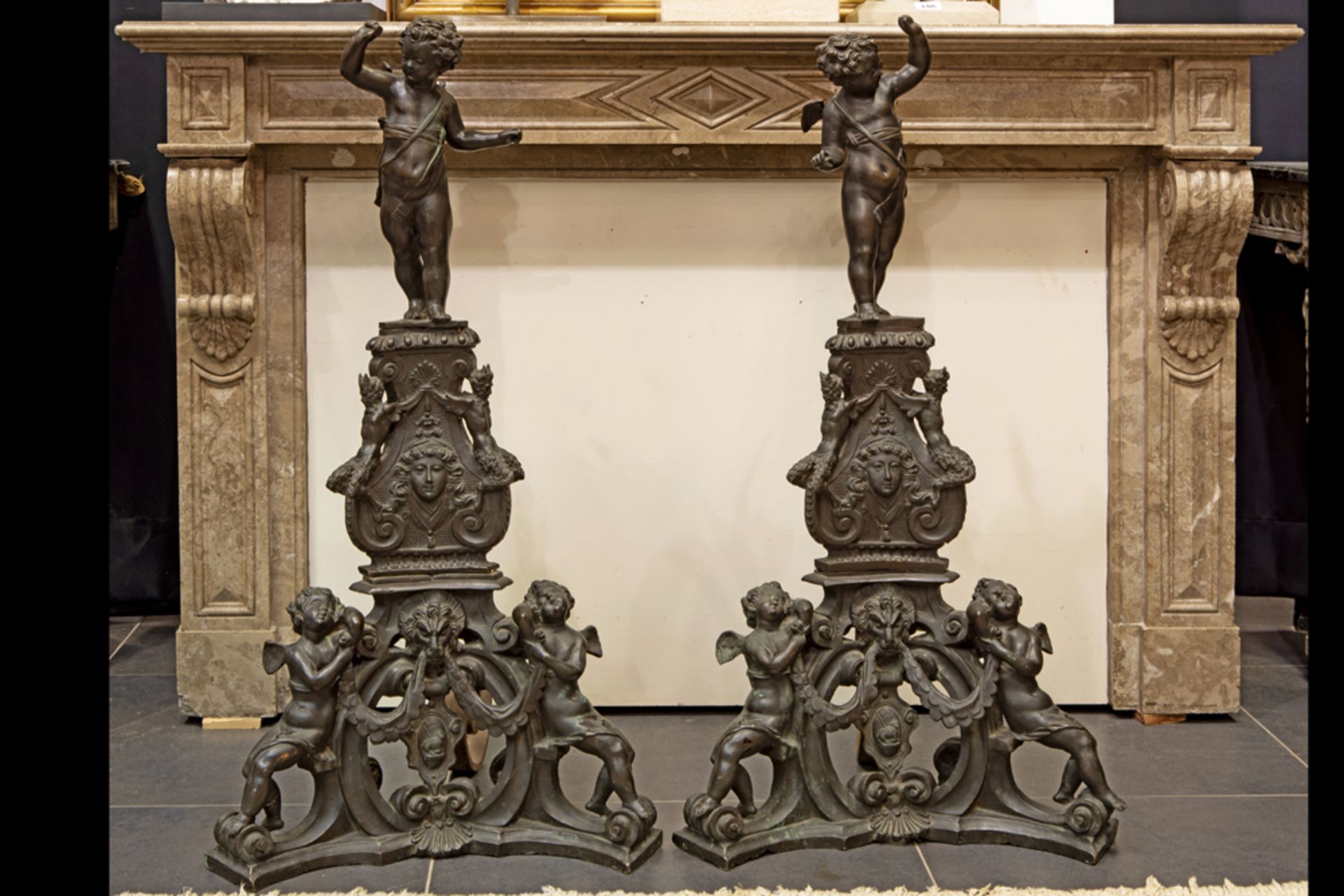 exceptional pair of 19th Cent. large (106 cm high ! ) bronze andirons each with a cupid on a - Bild 6 aus 6