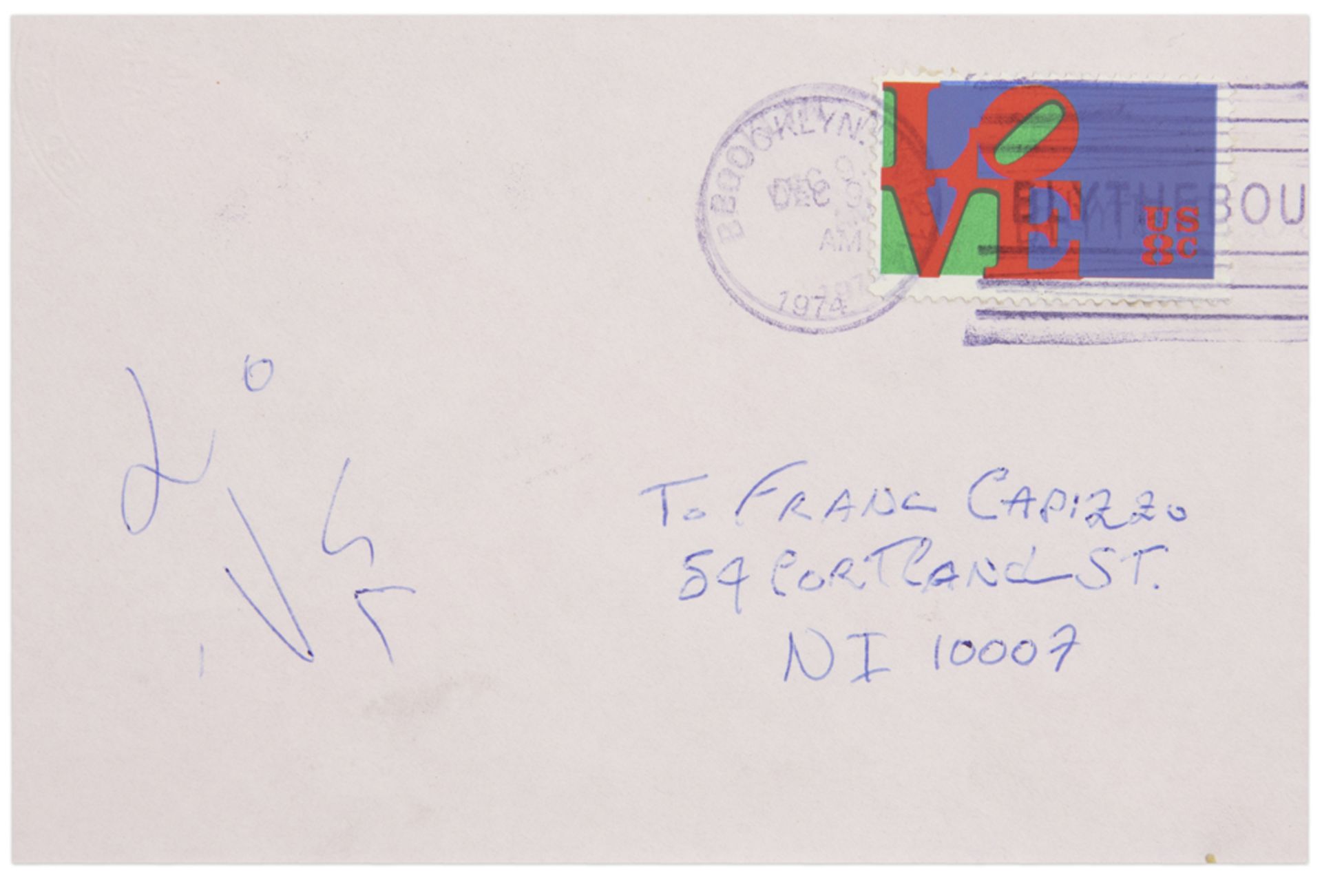 Robert Indiana signed envelope adressed to Franc Capizzo and with a "Love" stamp || INDIANA