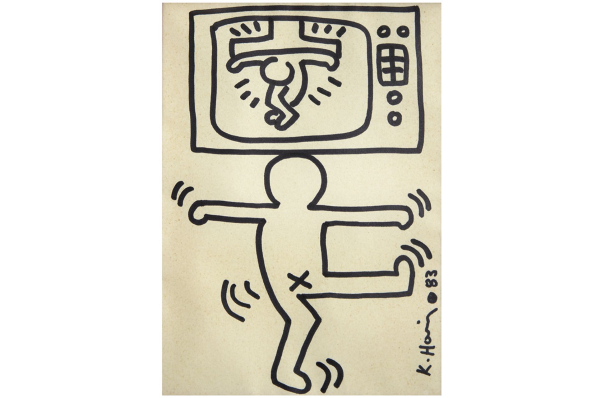 Keith Haring signed and (19)83 dated marker drawing with an authentication stamp of the Foundation