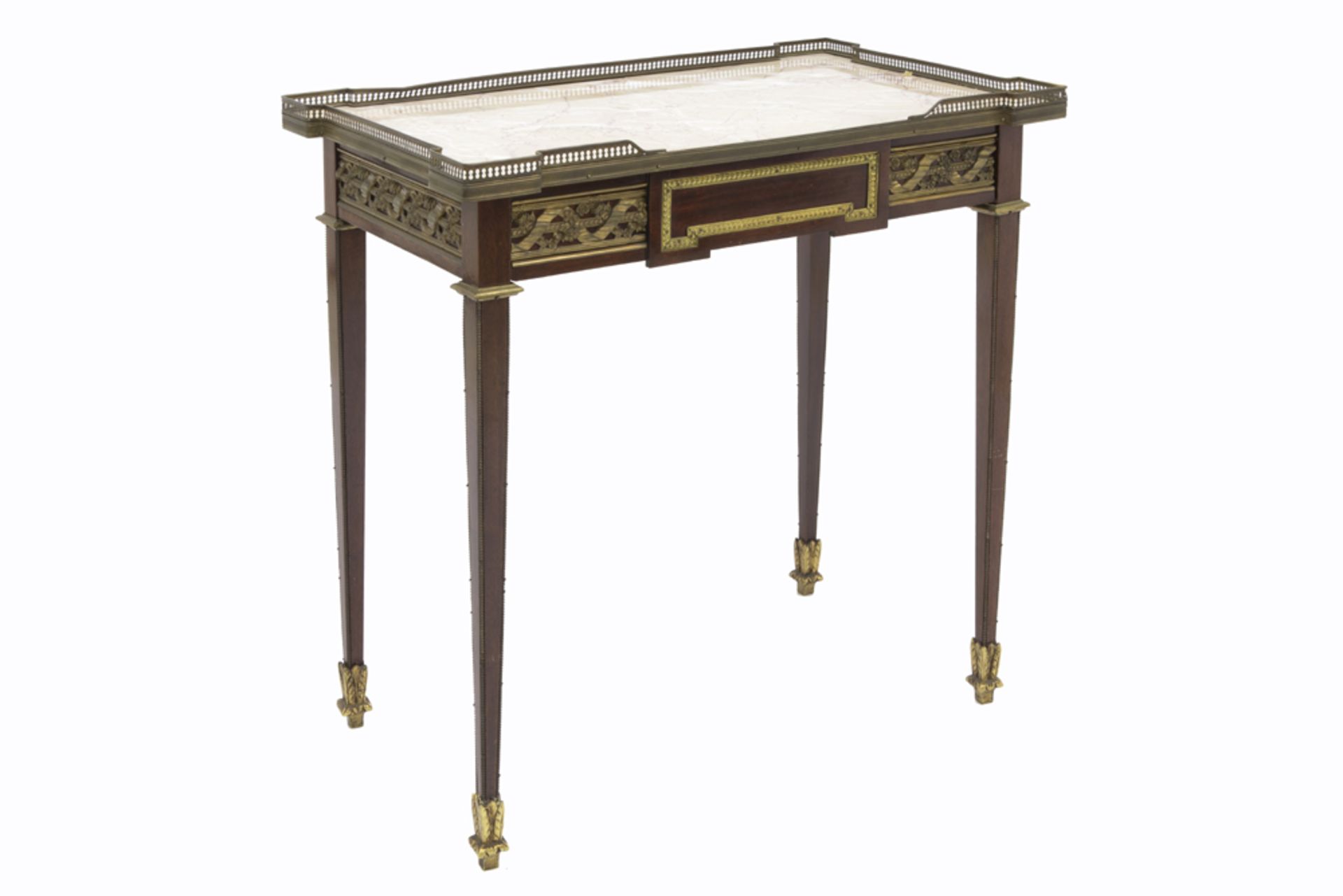 antique neoclassical table with drawer in mahogany with mountings in gilded bronze and with a marble