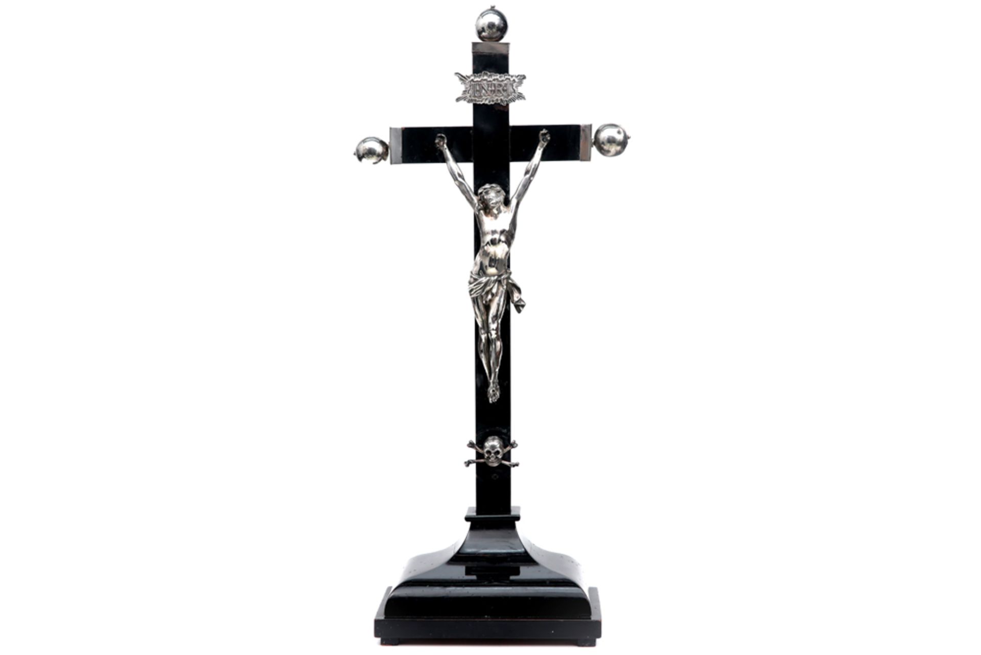 18th Cent., probably French crucifix with corpus, skull and ornamentation in twice marked silver (