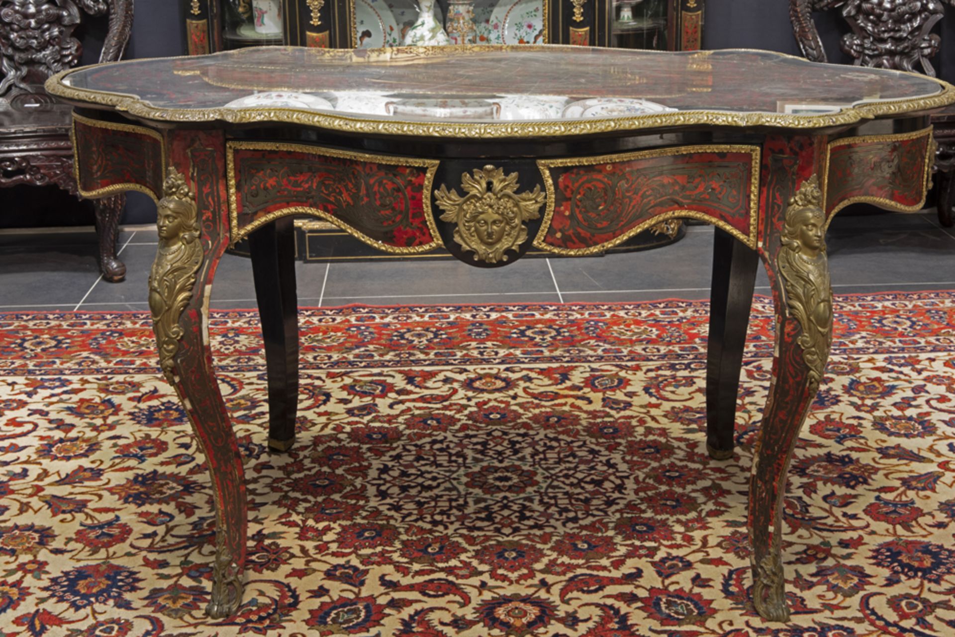 19th Cent. French Napoleon III table with drawer in "Boulle" with gilded bronze mountings ||