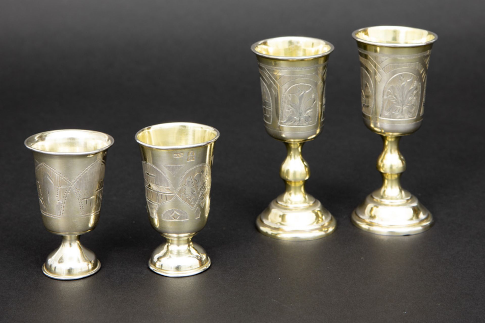 four 19th Cent. Russian liqueur glasses in marked and 1886 dated silver || Lot van vier