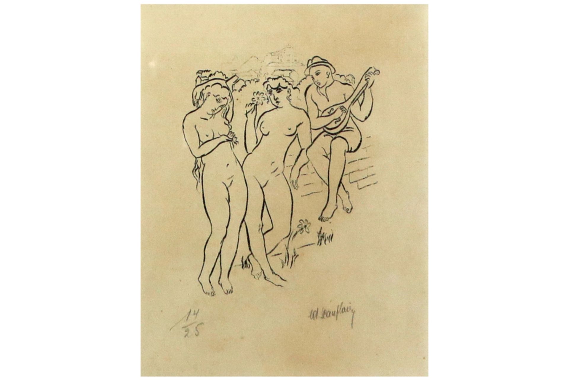 drawing with male portrait and two lithographs each with naked women - signed Edgar Scauflaire || - Image 6 of 10
