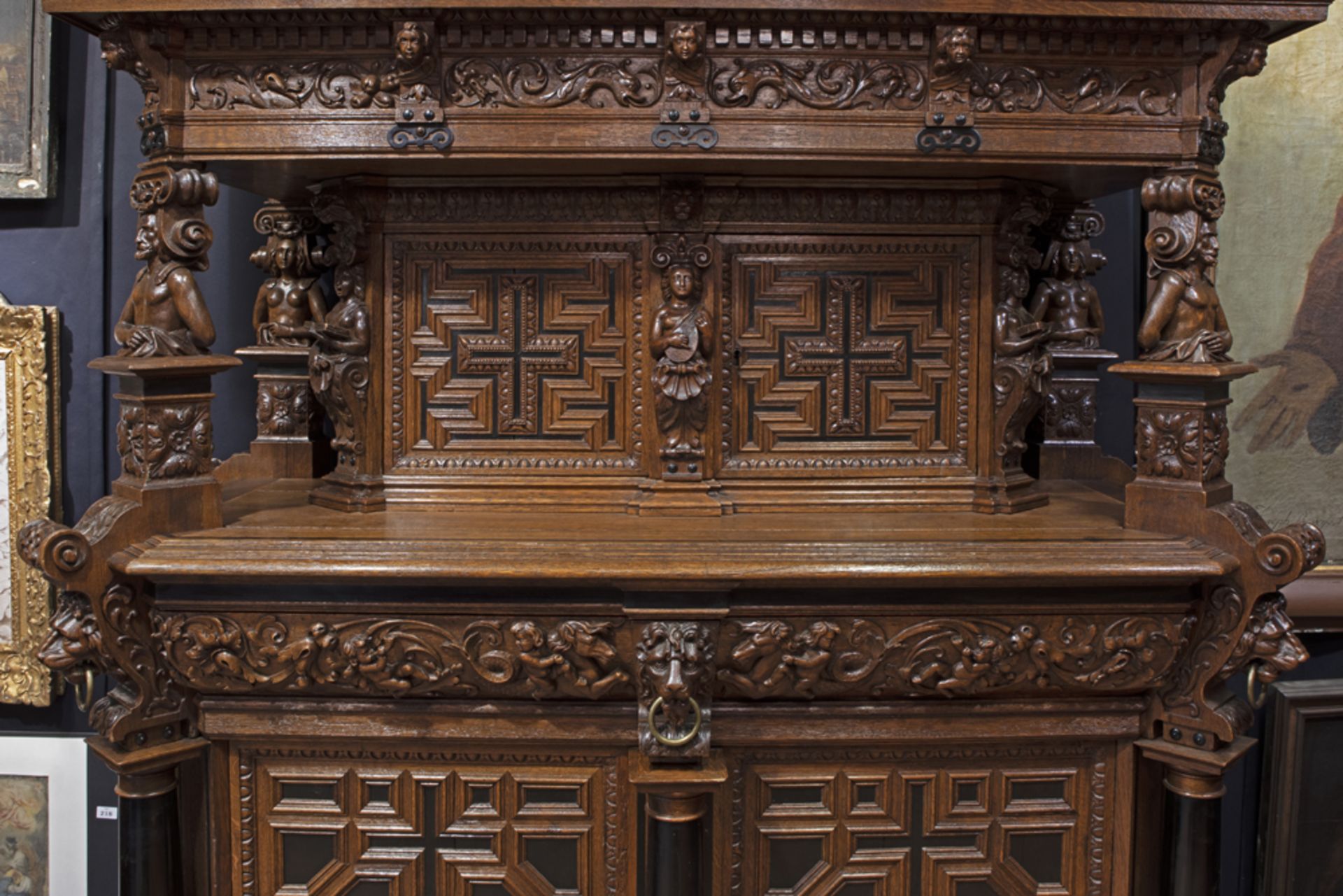 quite impressive 17th/18th Cent. Flemish cabinet/cupboard in oak and ebony with typical rich and - Image 3 of 4