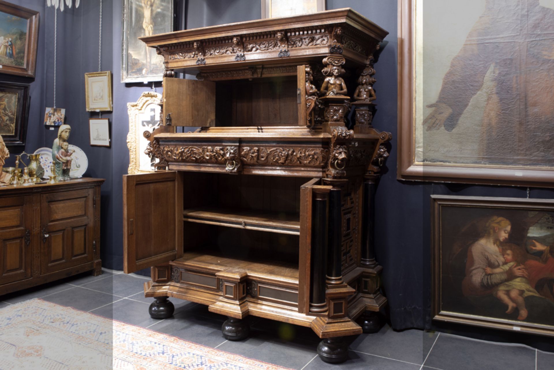 quite impressive 17th/18th Cent. Flemish cabinet/cupboard in oak and ebony with typical rich and - Image 2 of 4