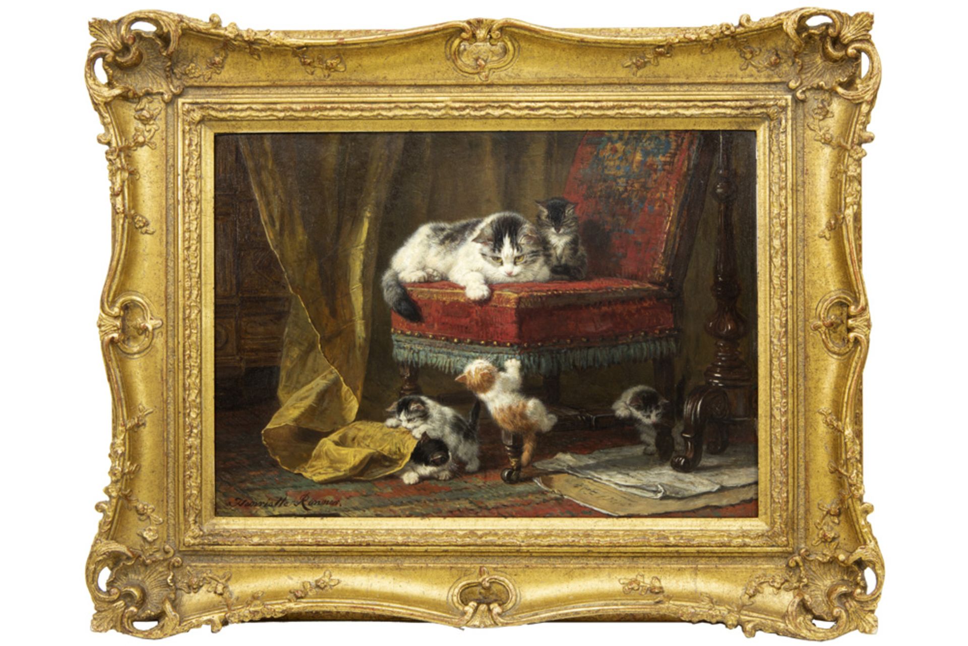 Henriette Rönner signed oil on panel with typical theme with a cat and five kittens with several - Bild 3 aus 5