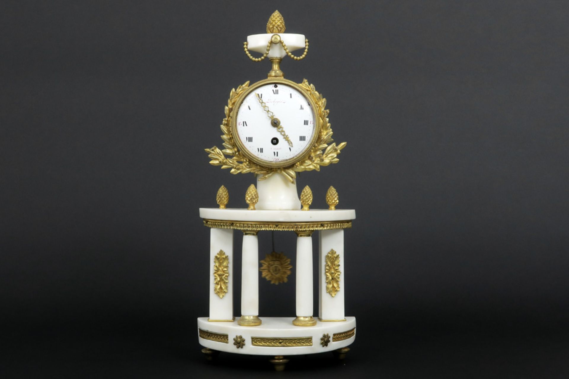 late 18th Cent. French "Lechopié Paris" Louis XVI-clock in white marble and gilded bronze - with a