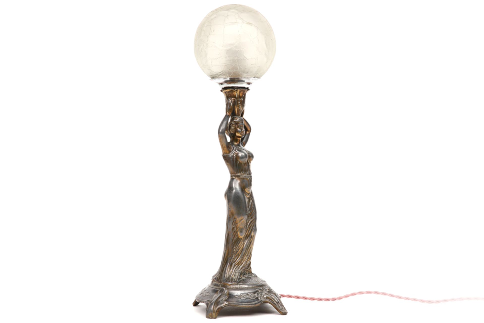 probably French Art Nouveau lamp with a silverplated female caryathid and glass shade || Art - Image 2 of 3