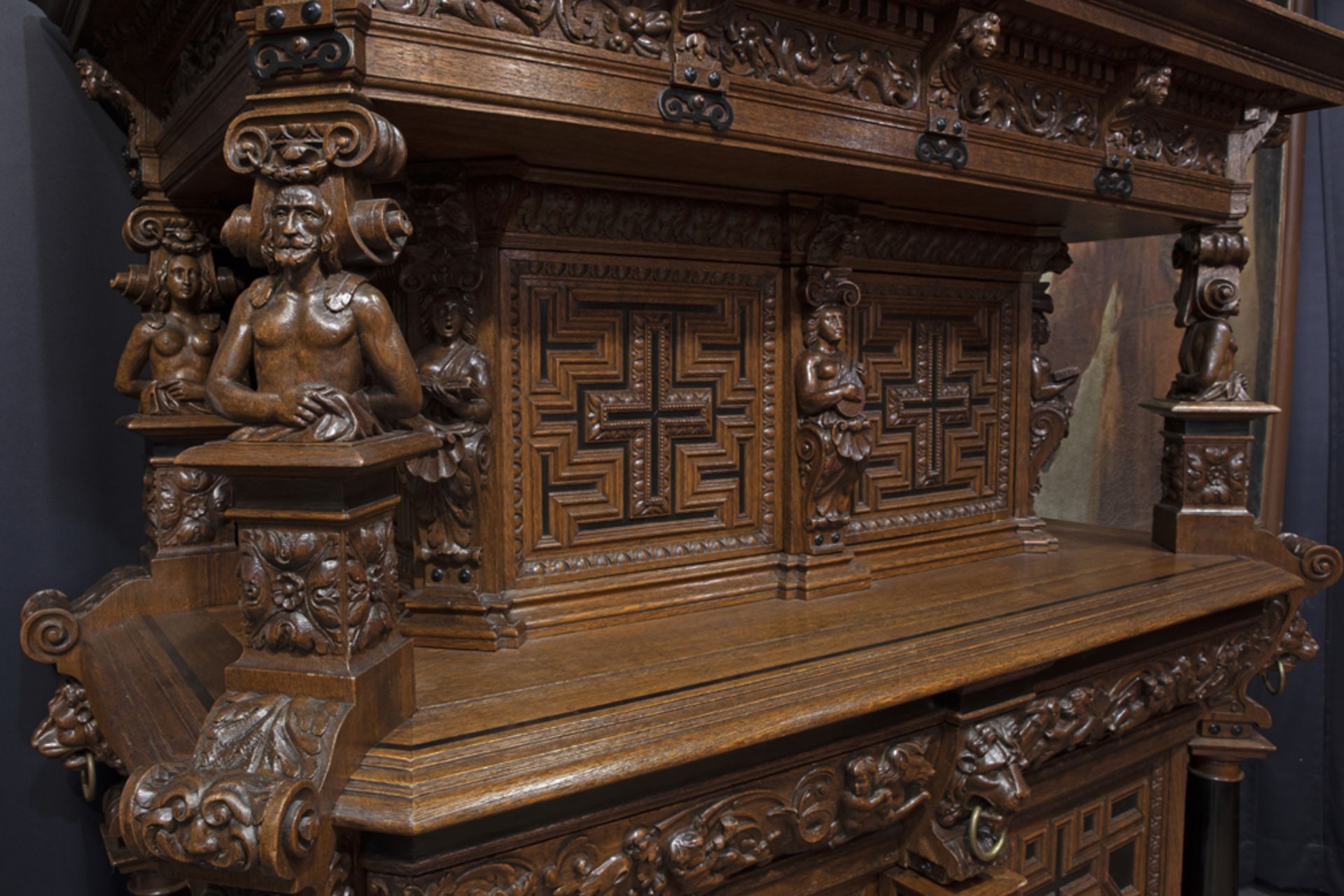 quite impressive 17th/18th Cent. Flemish cabinet/cupboard in oak and ebony with typical rich and - Image 4 of 4