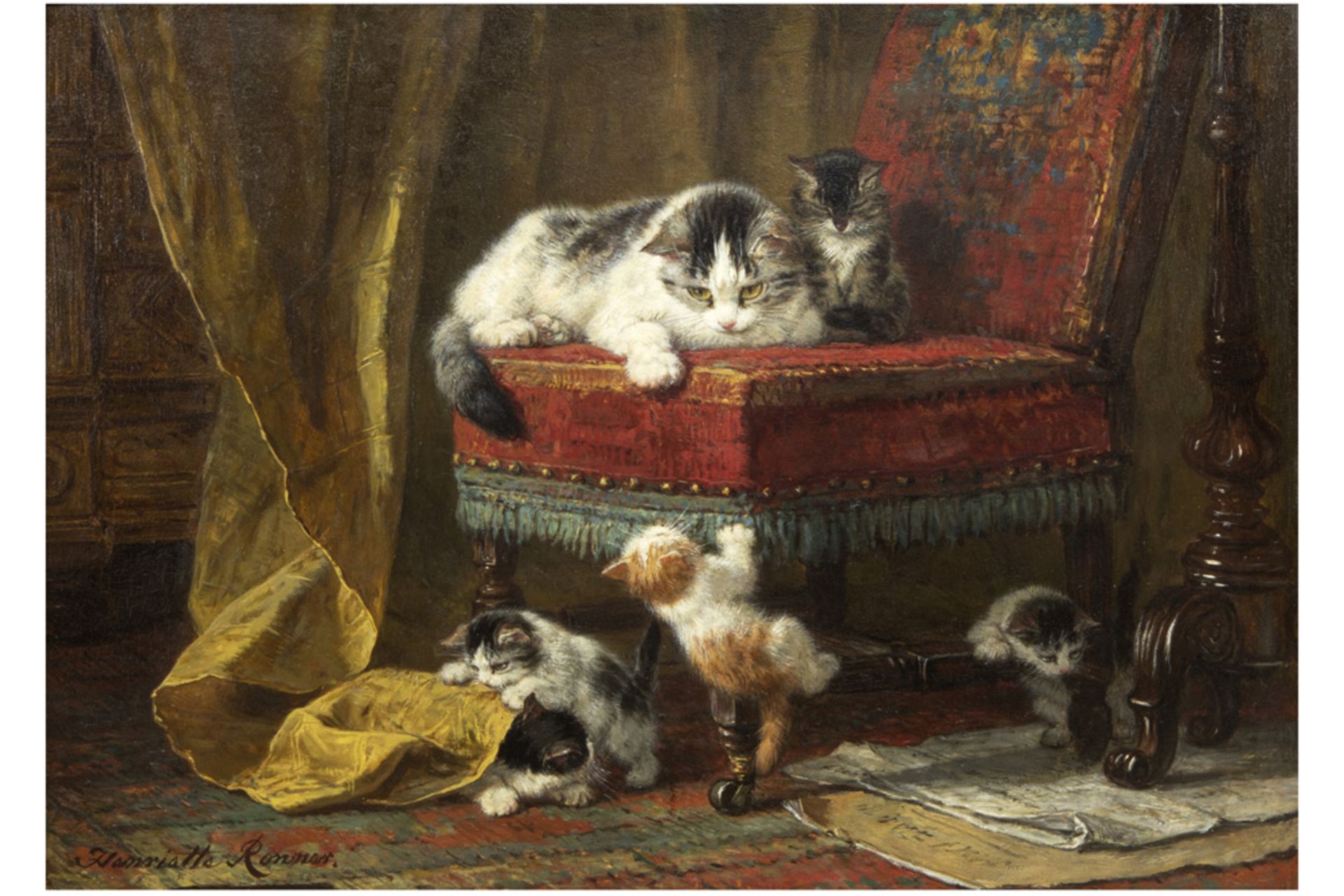 Henriette Rönner signed oil on panel with typical theme with a cat and five kittens with several