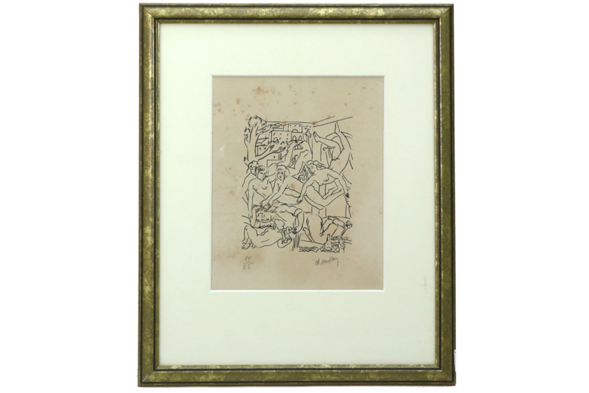 drawing with male portrait and two lithographs each with naked women - signed Edgar Scauflaire || - Image 7 of 10
