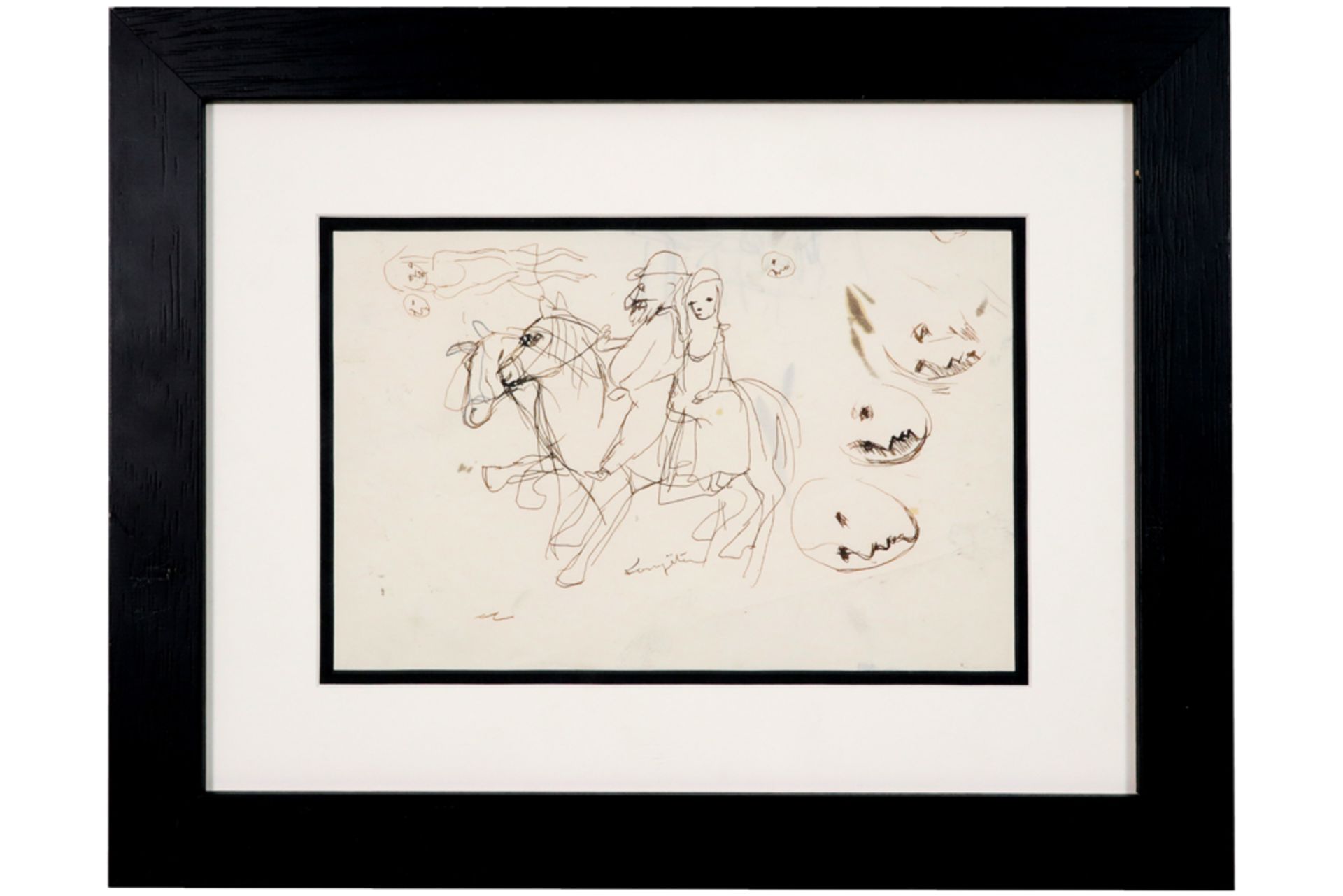 Leonard Tsuguharu Foujita ink drawing with sketches of a figure on a horse and some faces prov : - Image 3 of 3