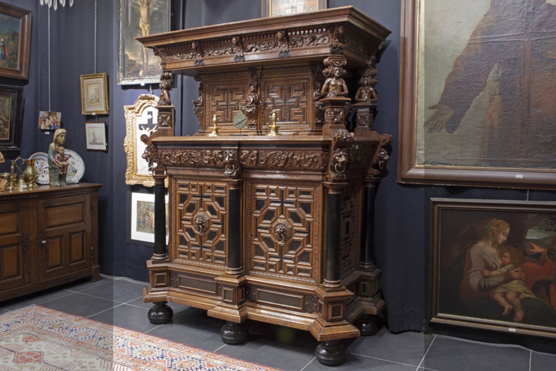 quite impressive 17th/18th Cent. Flemish cabinet/cupboard in oak and ebony with typical rich and