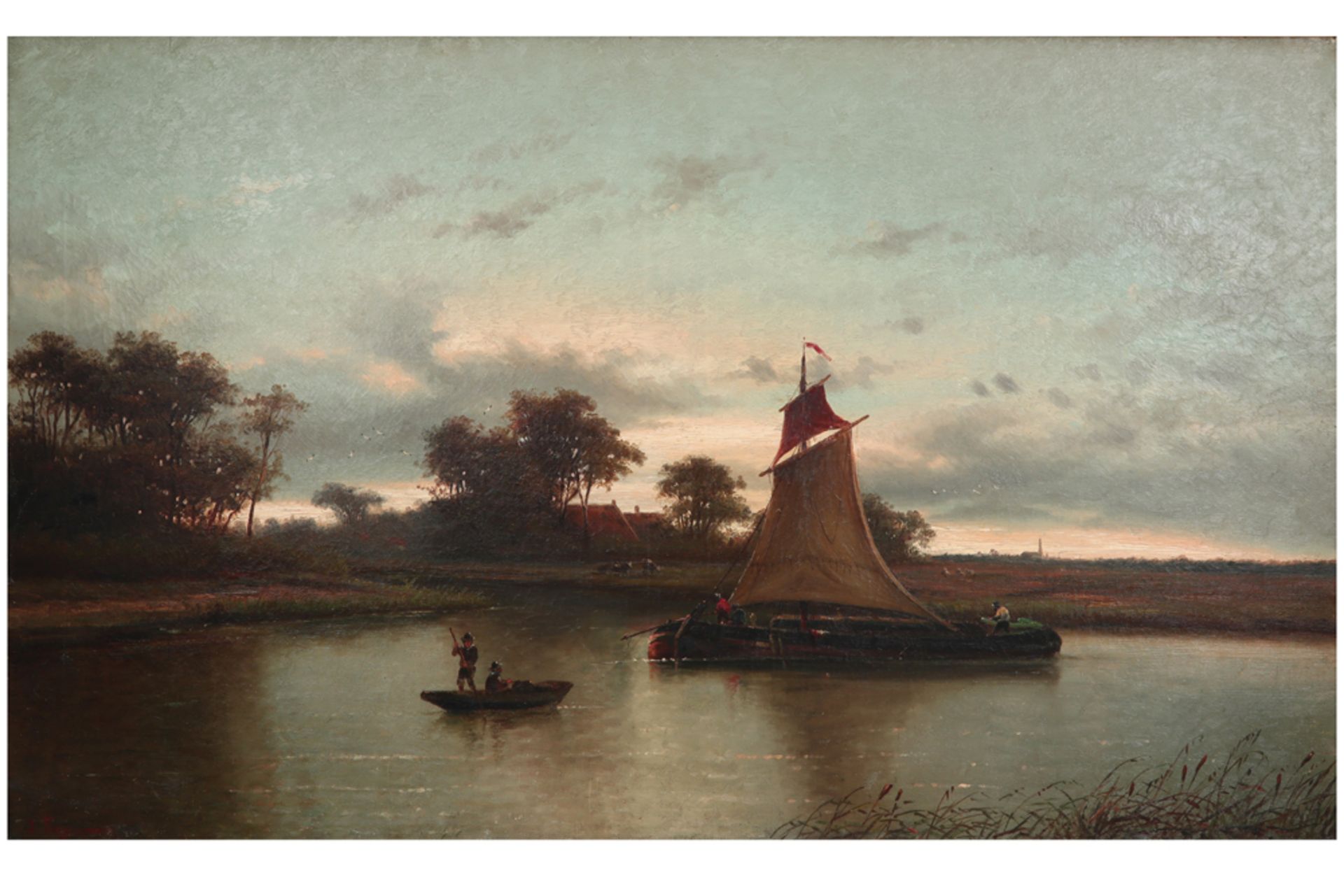 19th Cent. Belgian oil on canvas with view on the river during sunset - signed || TIMMERMANS LOUIS-
