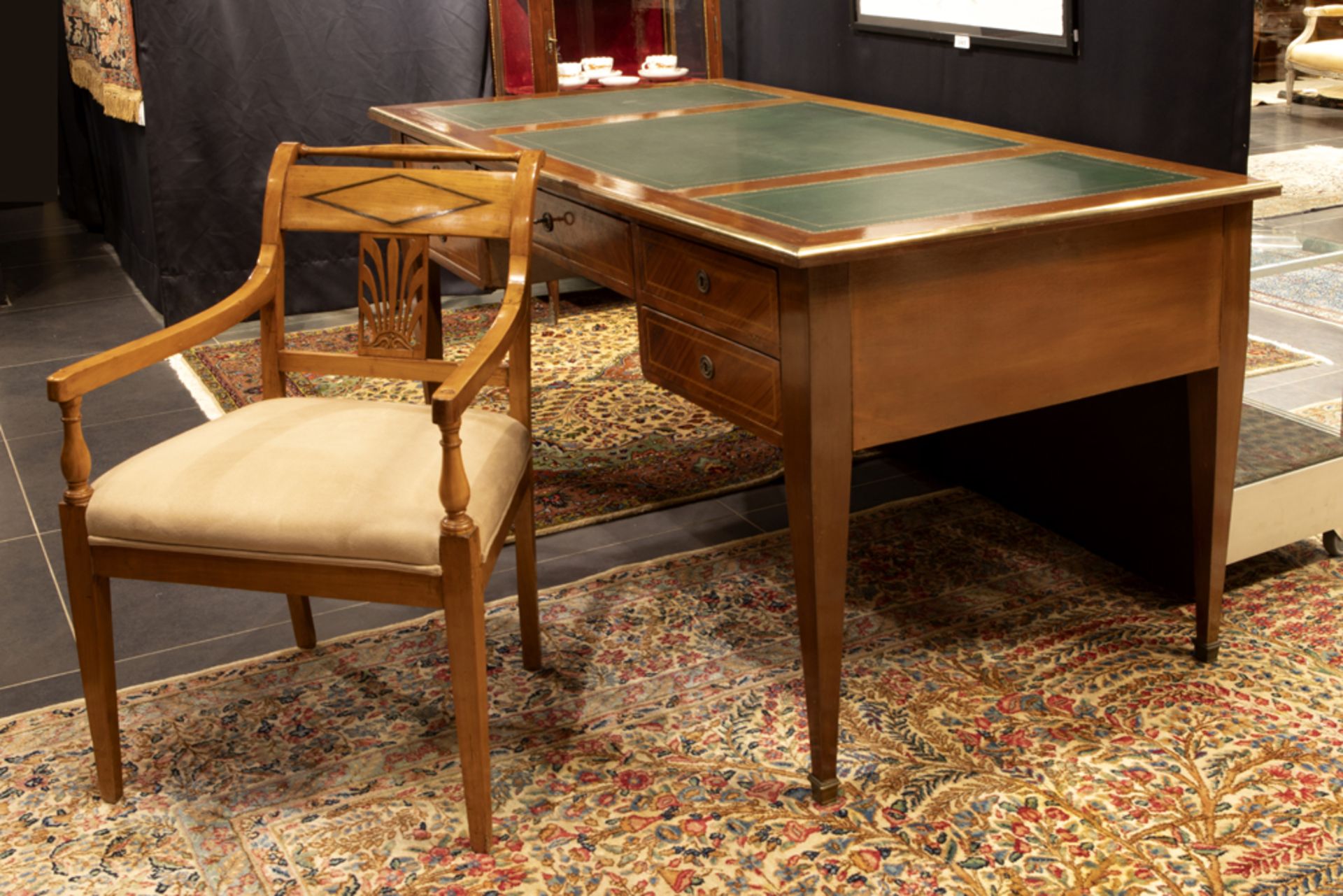 antique neoclassical desk in rose-wood and mahogany - sold with an antique armchair in cherrywood ||