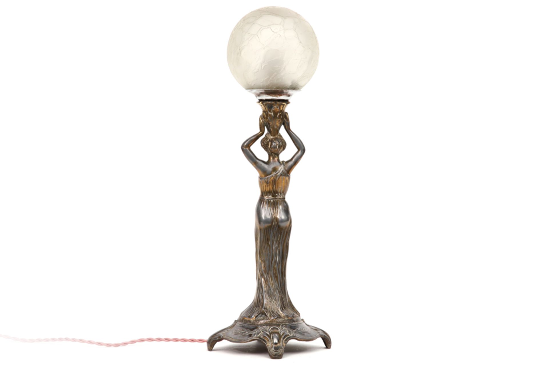 probably French Art Nouveau lamp with a silverplated female caryathid and glass shade || Art - Image 3 of 3