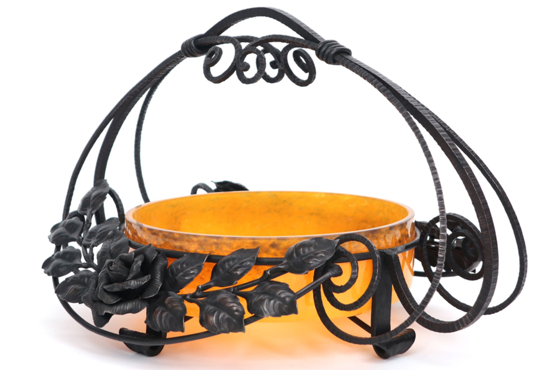 round French Art Deco fruitbowl in pâte de verre and wrought iron || Ronde Franse Art Deco- - Bild 2 aus 4