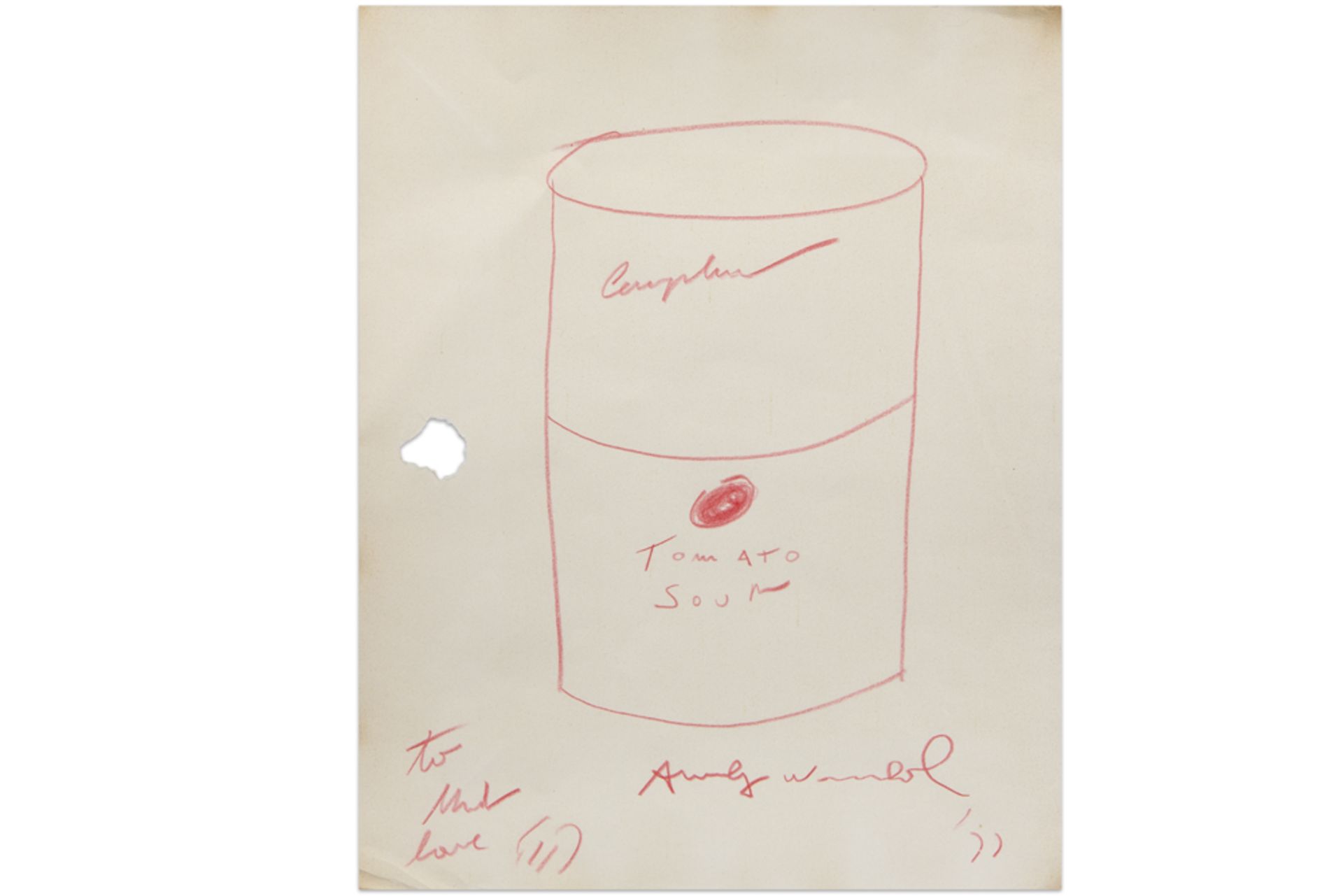 Andy Warhol signed red crayon drawing - with a dedication to Urbano Mauro with certificate by