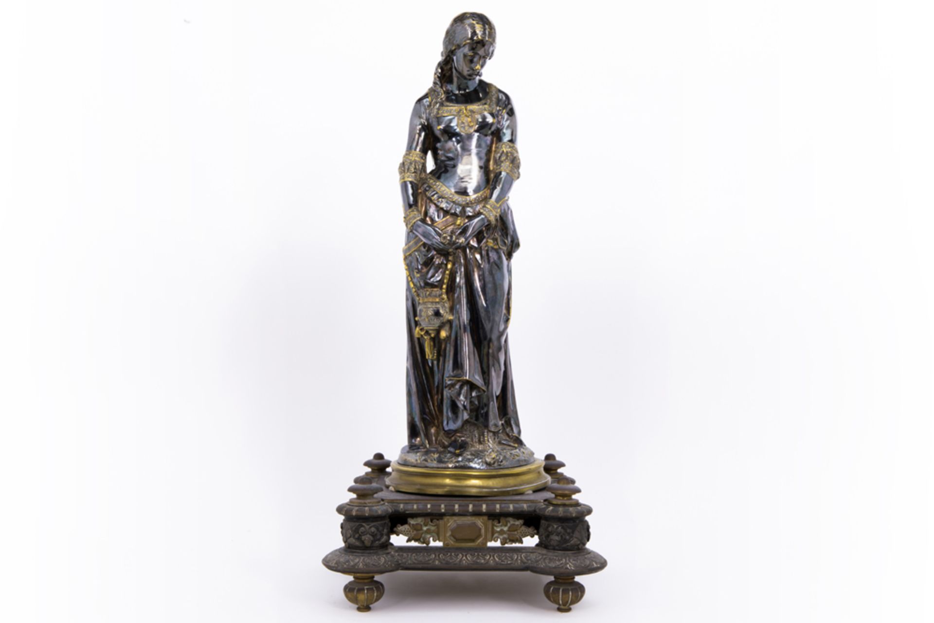 antique French "Noble Lady" sculpture in silverplated bronze - signed Emile André Boisseau - on a