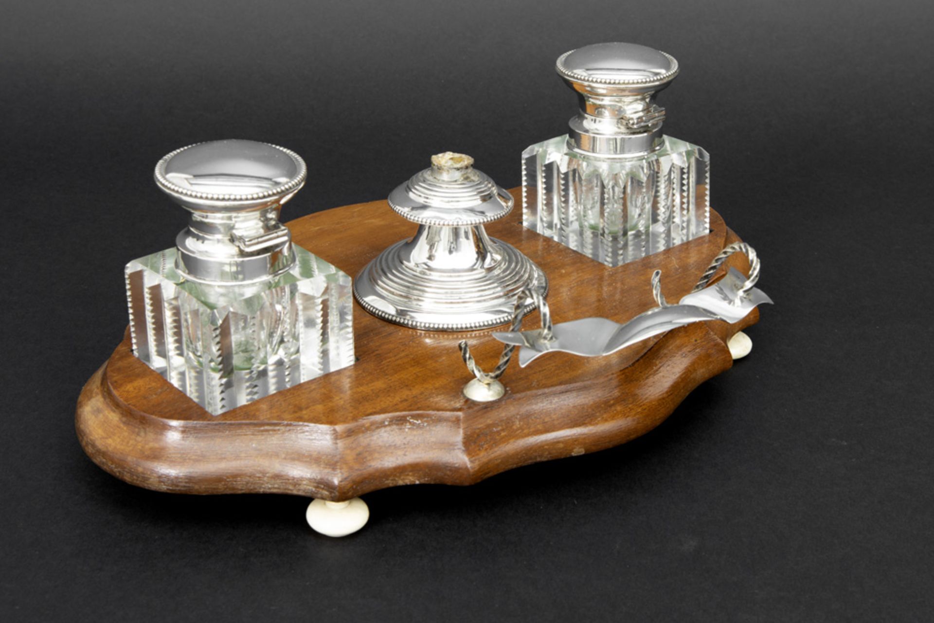 antique English ink-stand in crystal, marked silver and mahogany || Antiek inktstel in kristal en - Bild 3 aus 4