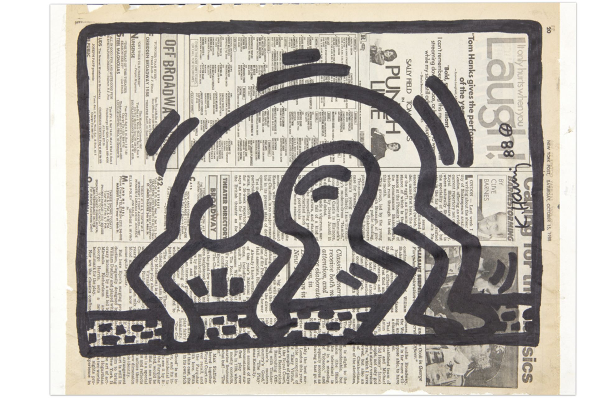 Keith Haring signed and (19)88 dated "Dancing Figure" marker drawing on a New York Post newspaper
