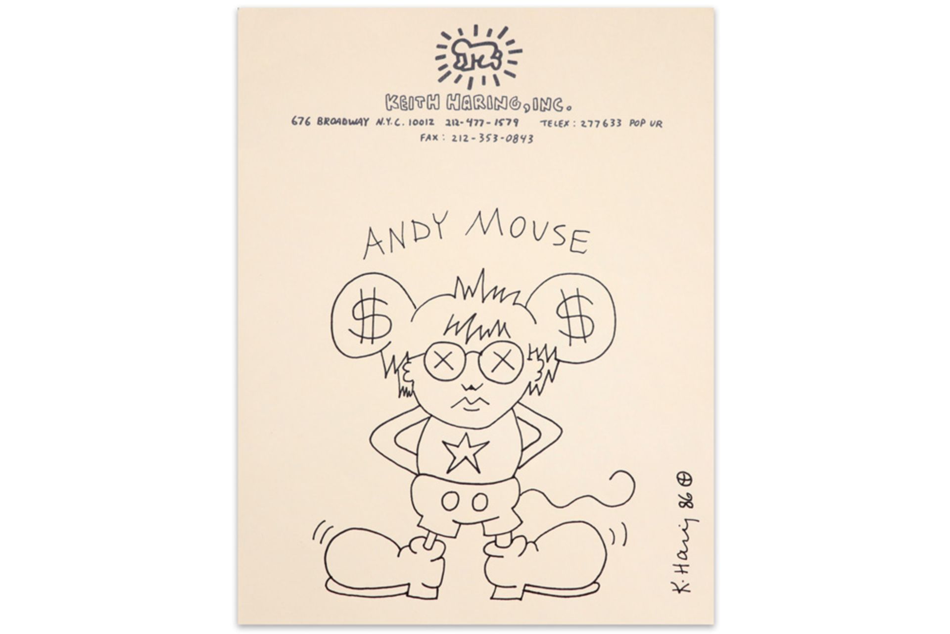 Keith Haring "Andy Mouse" drawing on writing paper of "The Estate" - signed and dated (19)86 ||