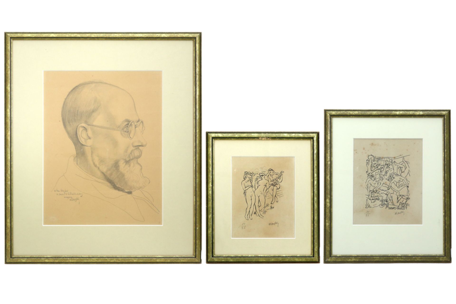 drawing with male portrait and two lithographs each with naked women - signed Edgar Scauflaire || - Image 2 of 10