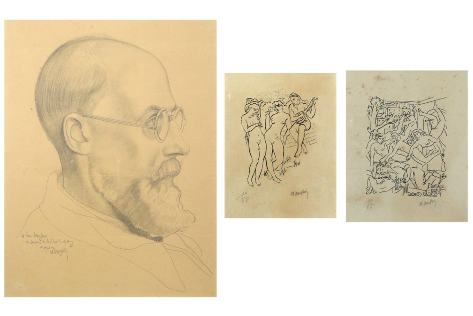 drawing with male portrait and two lithographs each with naked women - signed Edgar Scauflaire ||