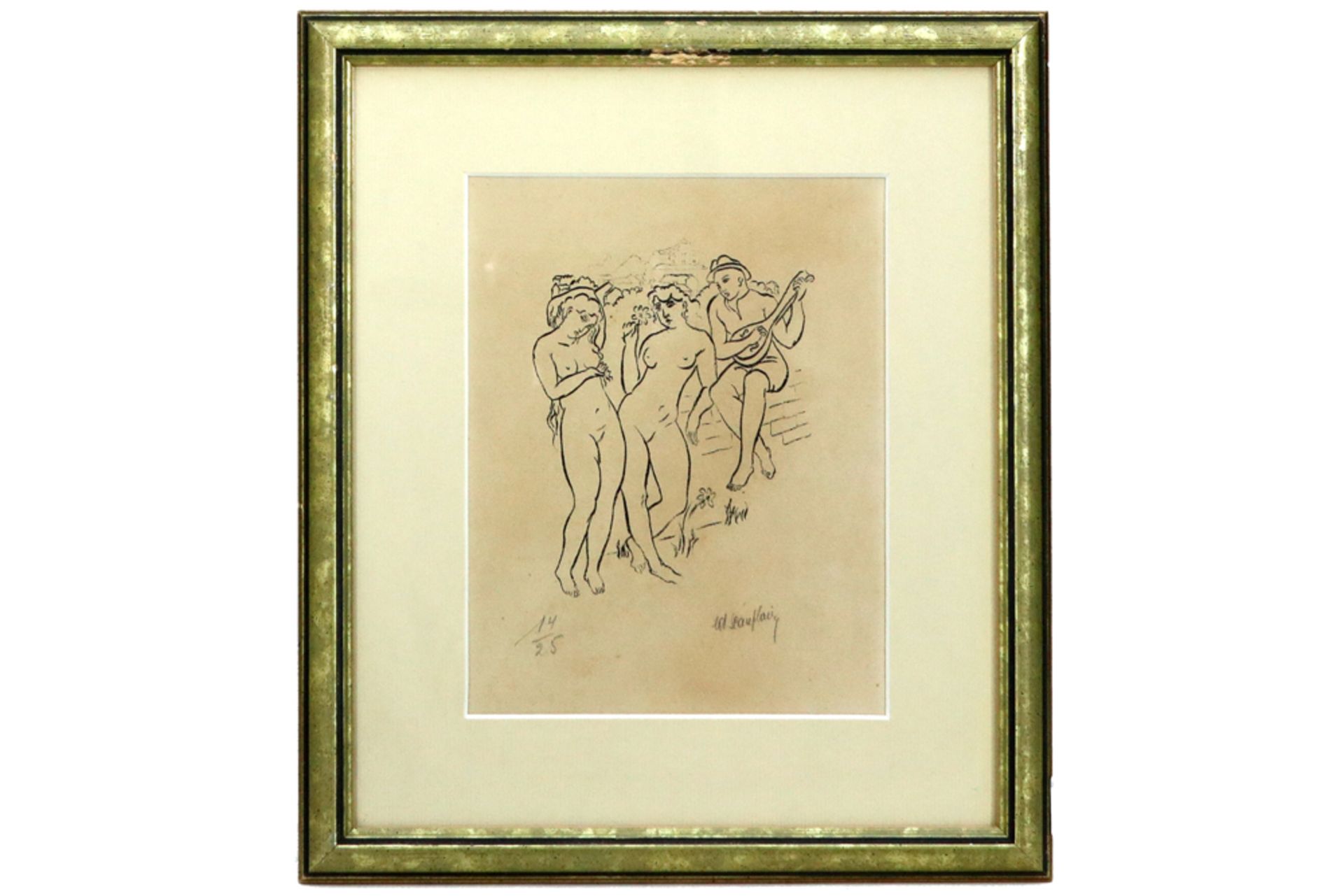 drawing with male portrait and two lithographs each with naked women - signed Edgar Scauflaire || - Image 5 of 10