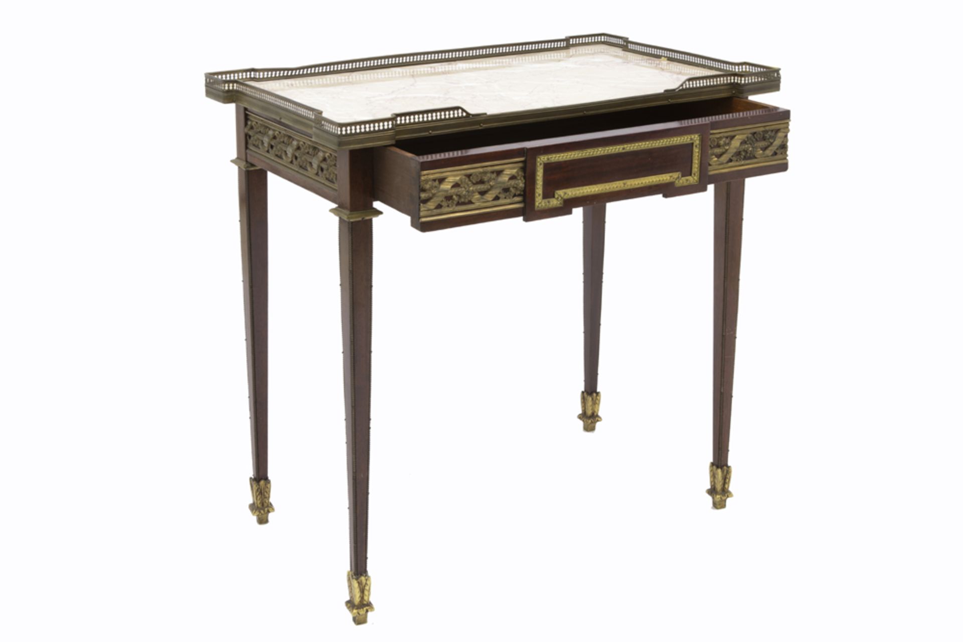 antique neoclassical table with drawer in mahogany with mountings in gilded bronze and with a marble - Bild 2 aus 2