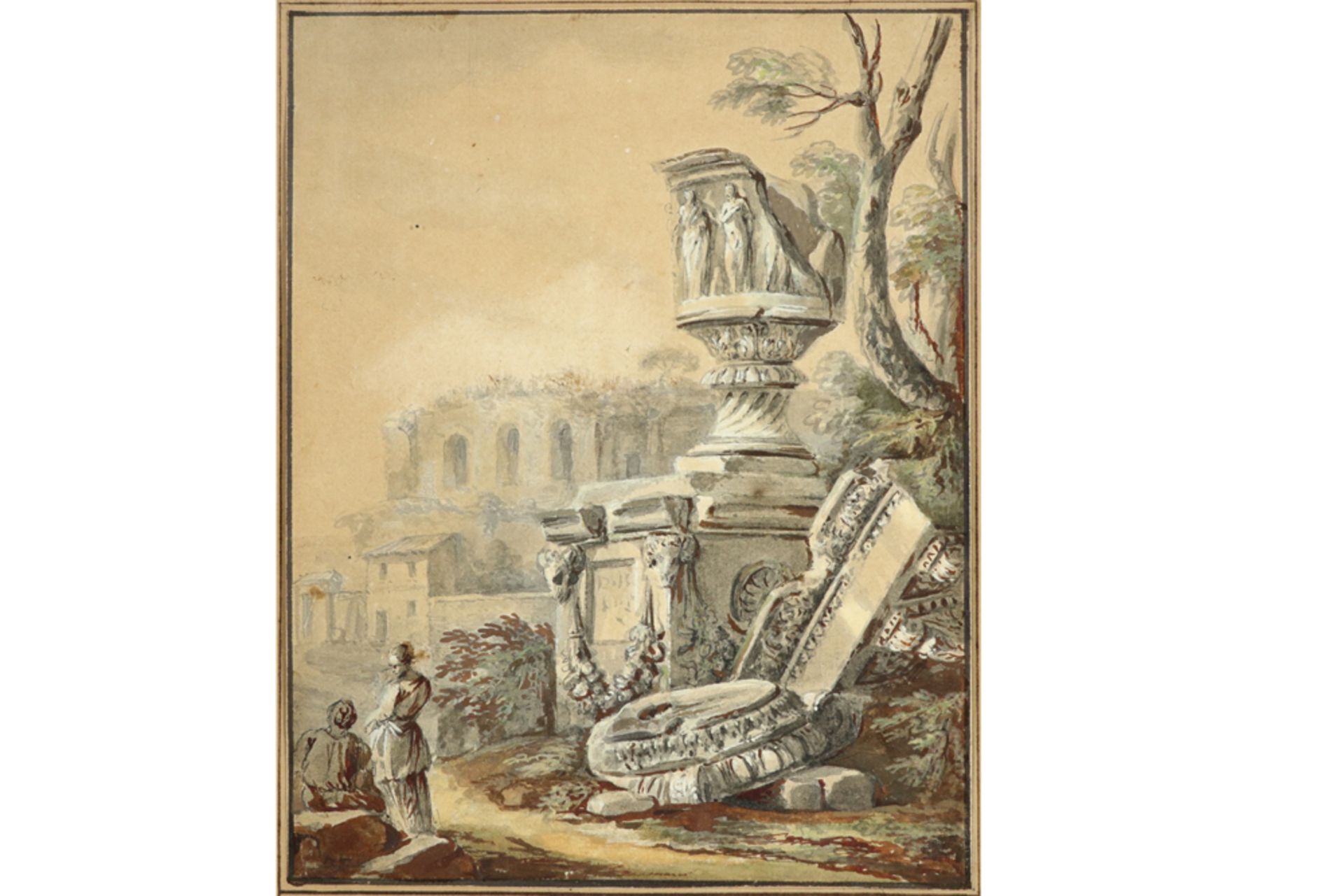 18th Cent. mixed media with figures near Roman ruins - signed "Hubert fecit" / attributed to ||