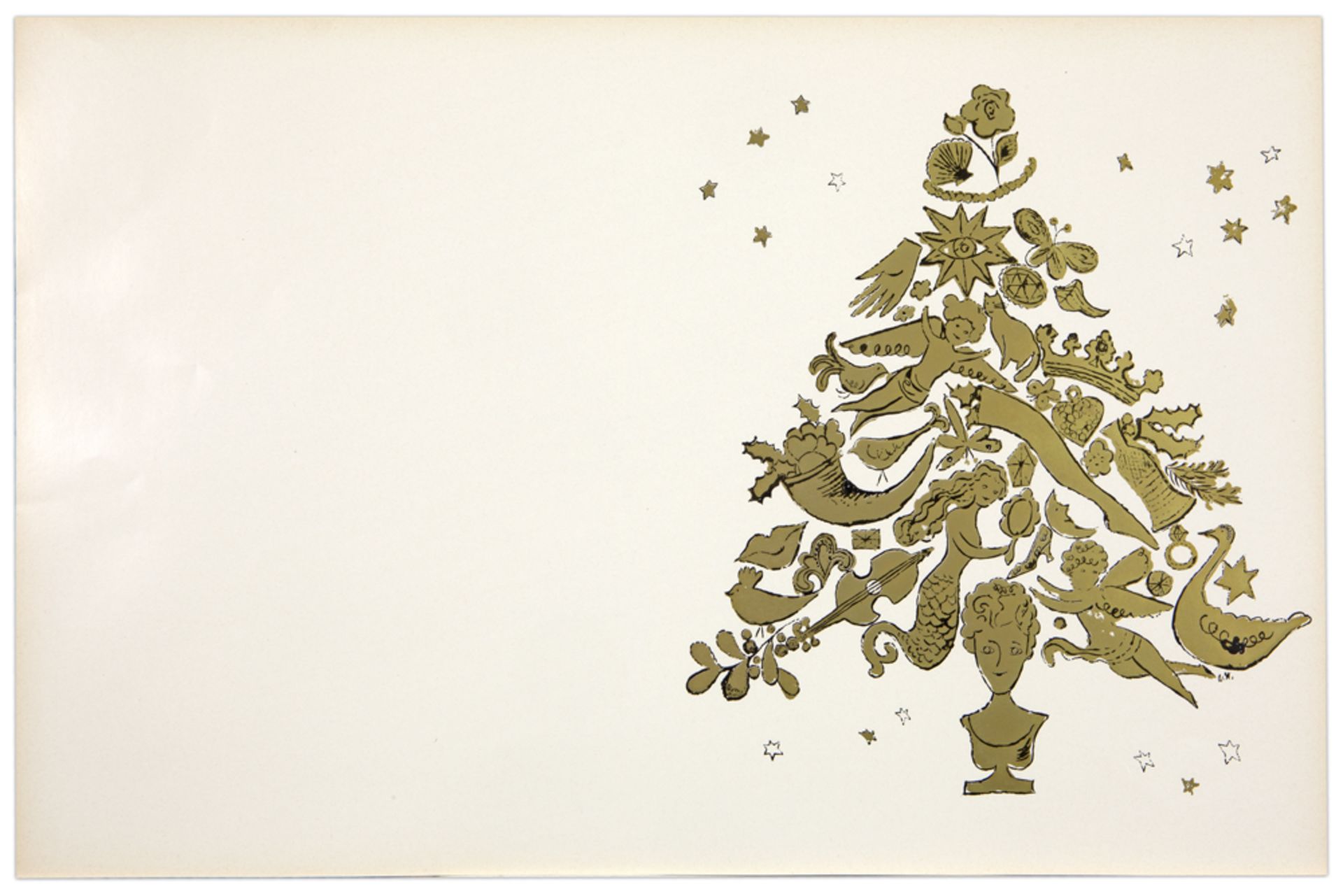 Andy Warhol offset lithograph Christmas card in gold and black, on wove paper, folded (as issued)