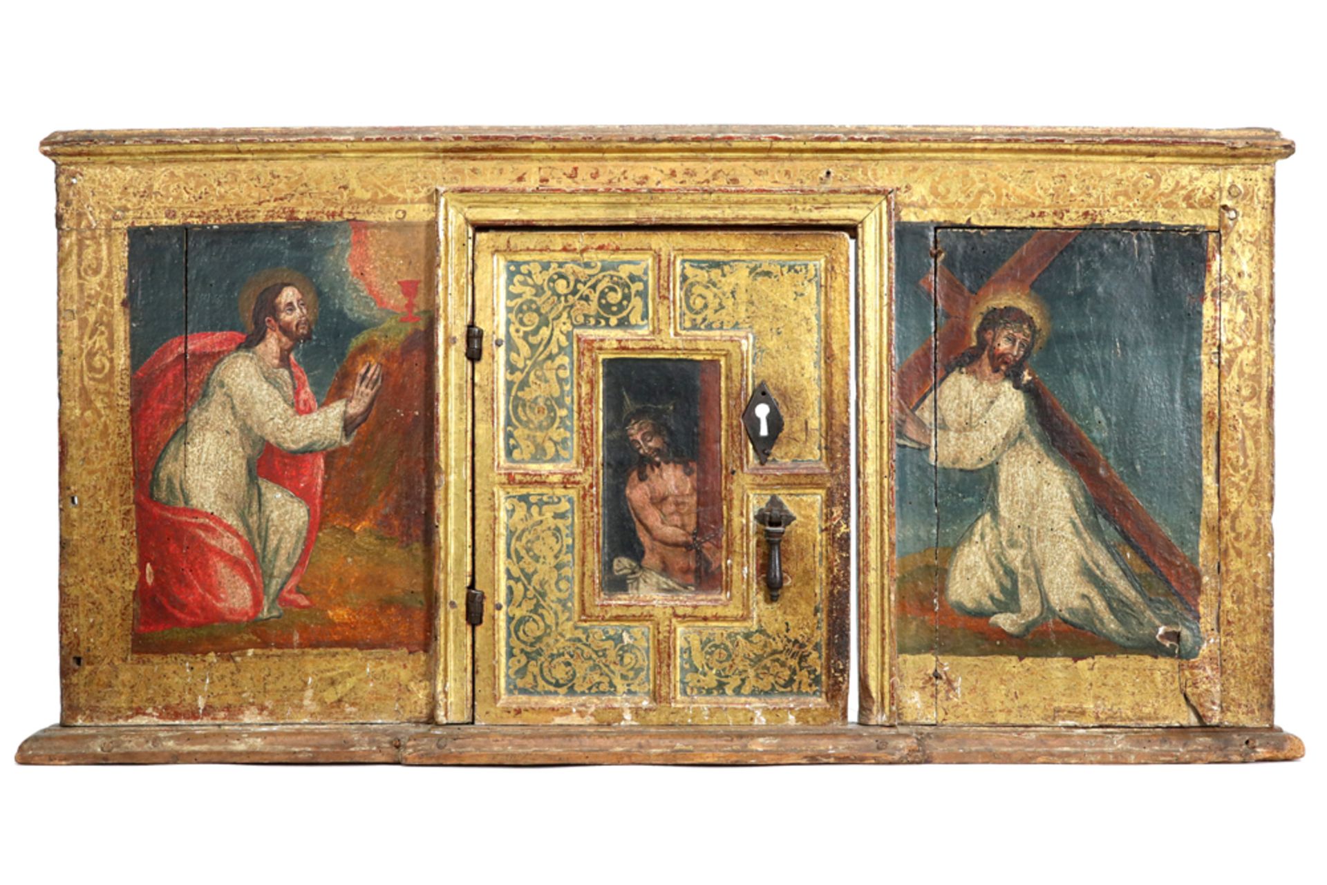 18th Cent. European altar piece with door in polychromed wood with on each panel a depiction of