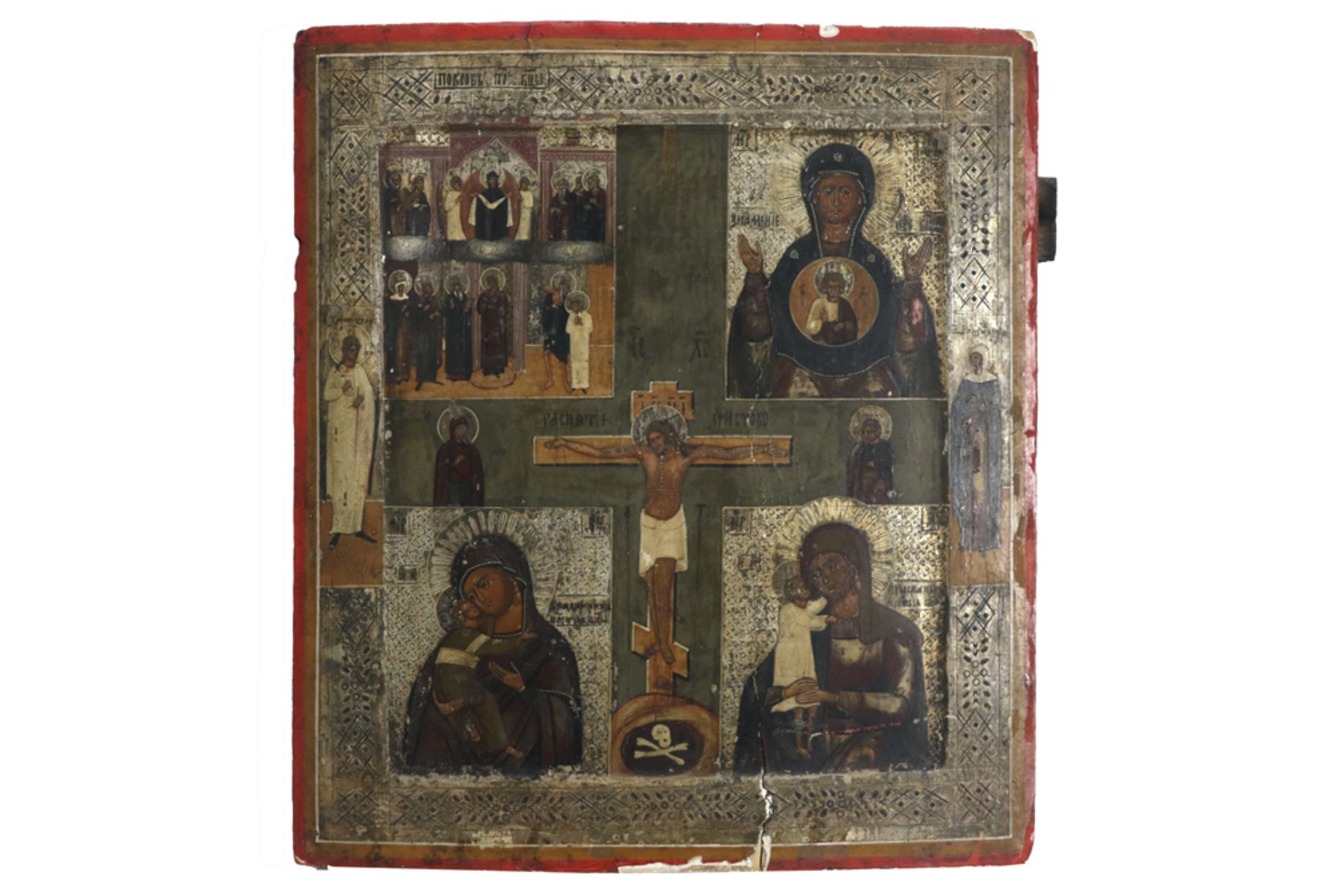 antique Russian icon || Antieke Russische ikoon met centraal de gekruisigde Christus - 36 x 32