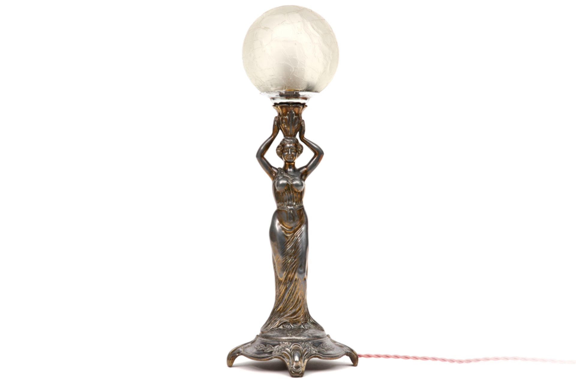 probably French Art Nouveau lamp with a silverplated female caryathid and glass shade || Art