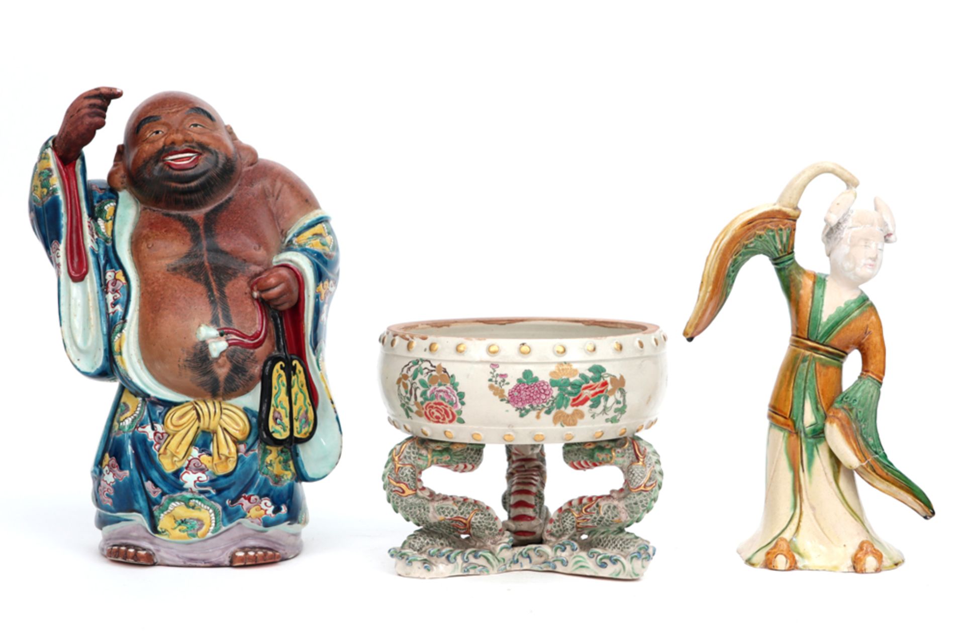 three pieces of oriental ceramic amongst which an antique Japanese jardinier (on a base with