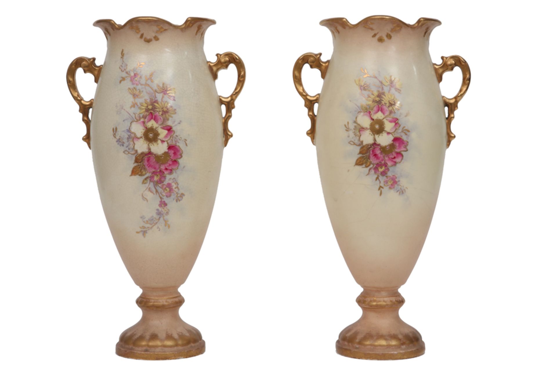 pair of late 19th Cent. vases in marked ceramic || Paar laat negentiende eeuwse vazen in gemerkt - Image 2 of 3