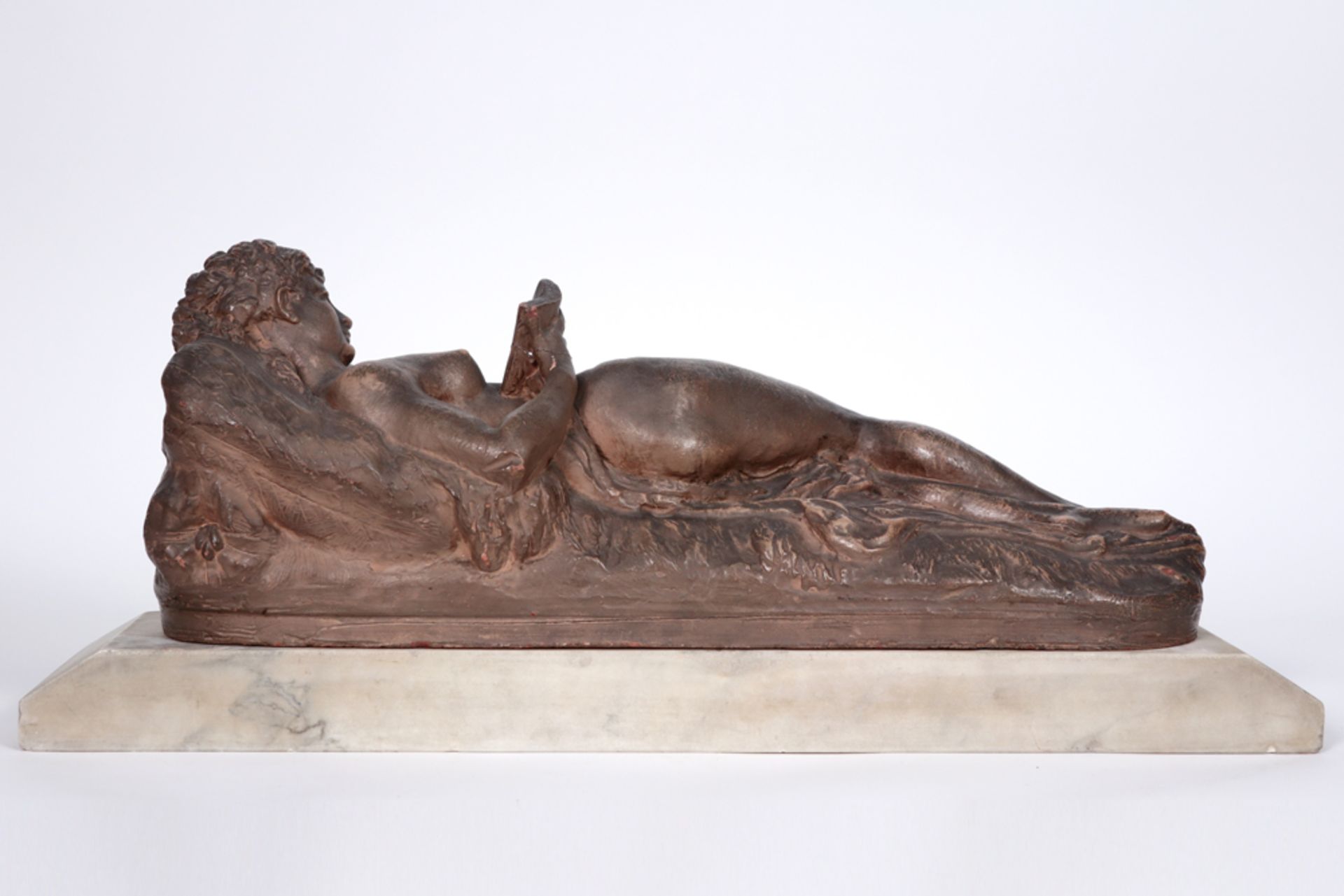 19th Cent. Belgian sculpture in earthenware on a marble base - signed Charles P. Van der - Image 3 of 4