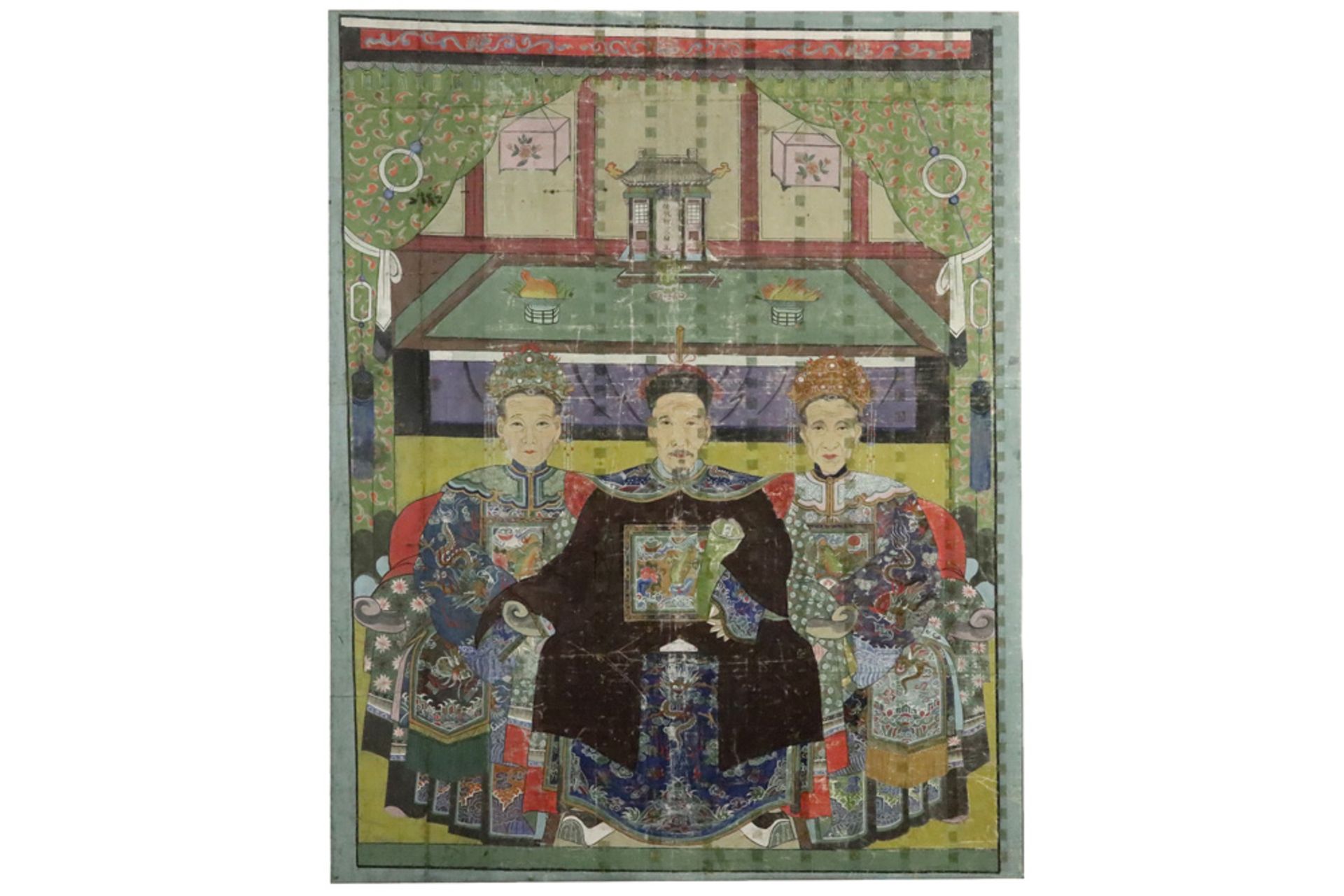 antique Chinese "Family portrait" painting on canvas || Antieke Chinese schildering op doek : "